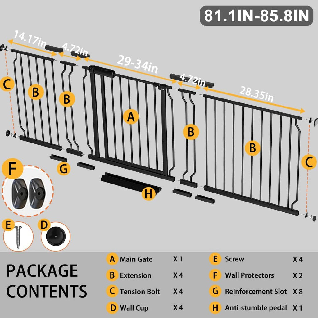 Fairy Baby Extra Wide Baby Gate 81.1-85.8 Inch Wide, Walk Through Pressure Mounted No Drill for Doorways, Long and Large Tension Dog Gate for Pet and Kids