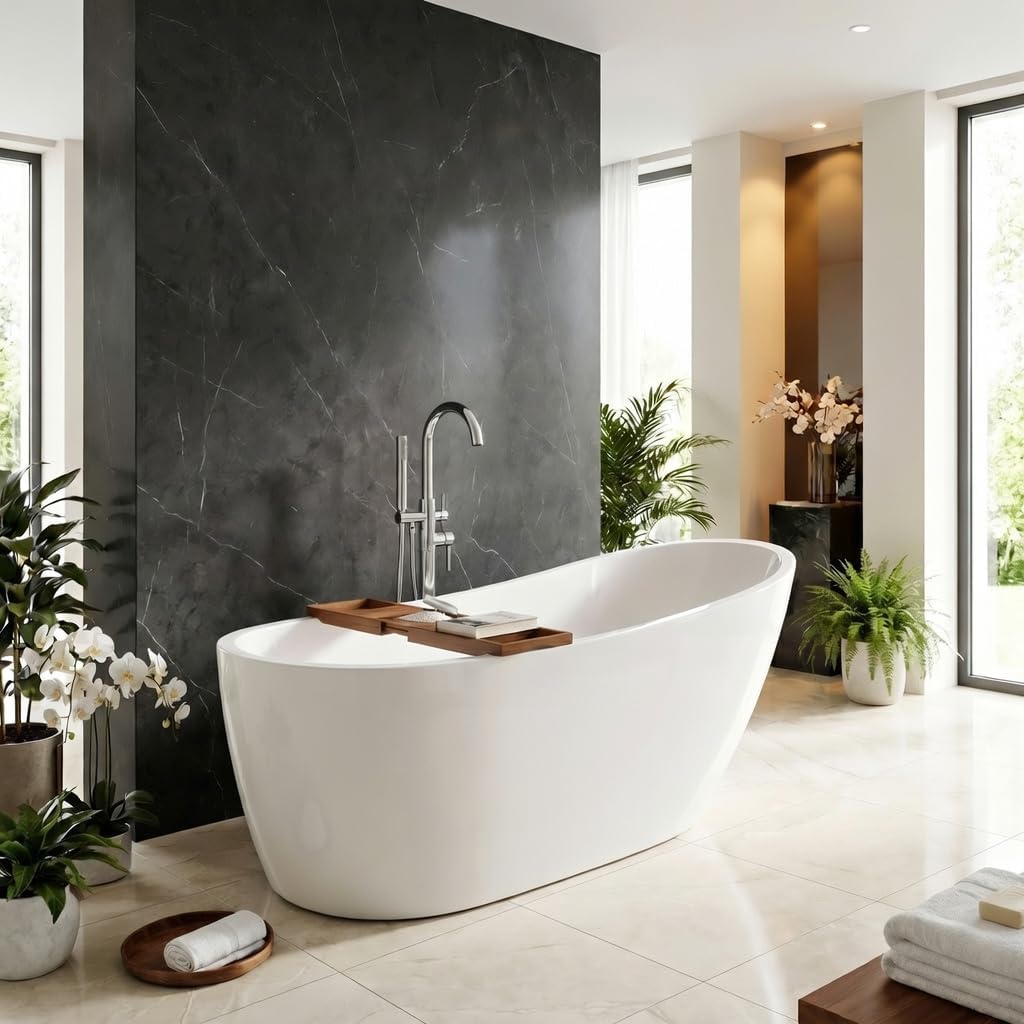 59' Acrylic Freestanding Bathtub, 15' Deep Double-Walled Insulated Soaking Tub with Ergonomic High Backrest, cUPC Certified Stand Alone Oval Bath Tub with Polished Chrome Overflow & Drain, Gloss White