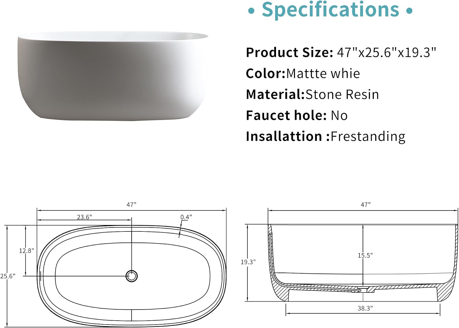 47'' Independent solid surface resin stone bathtub, a modern designed independent bathtub with pop-up drainage and overflow pipes, suitable for small households