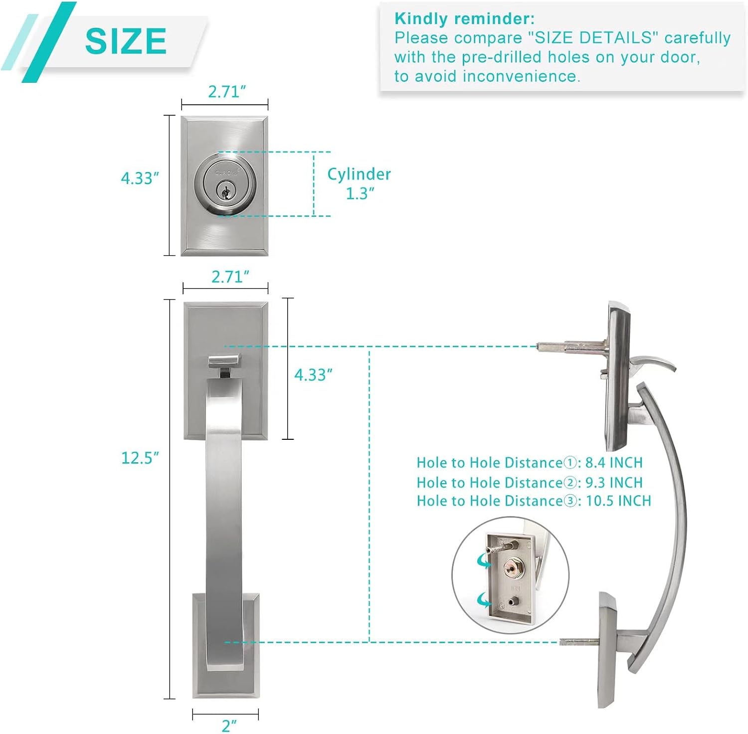 Double Front Door Handle Set with Heavy Duty Lock, Satin Nickel Finish, Suitable for Front or Office Door