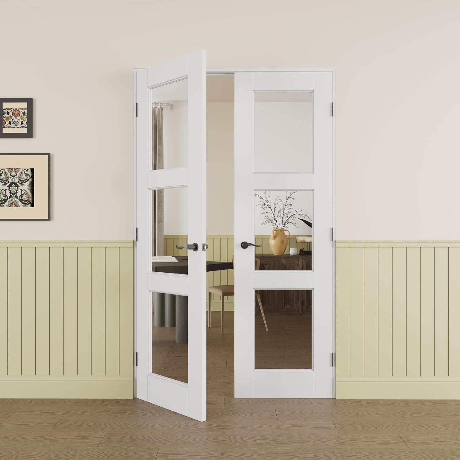 Prehung French Door 36' x 80' (2x18 in), 3-Lite Tempered Clear Glass Door Slabs with Jamb, Black Hinges, 4 Levers & Latch, Solid Core Interior Door, Pre-Finished & Paintable,Double Doors Interior