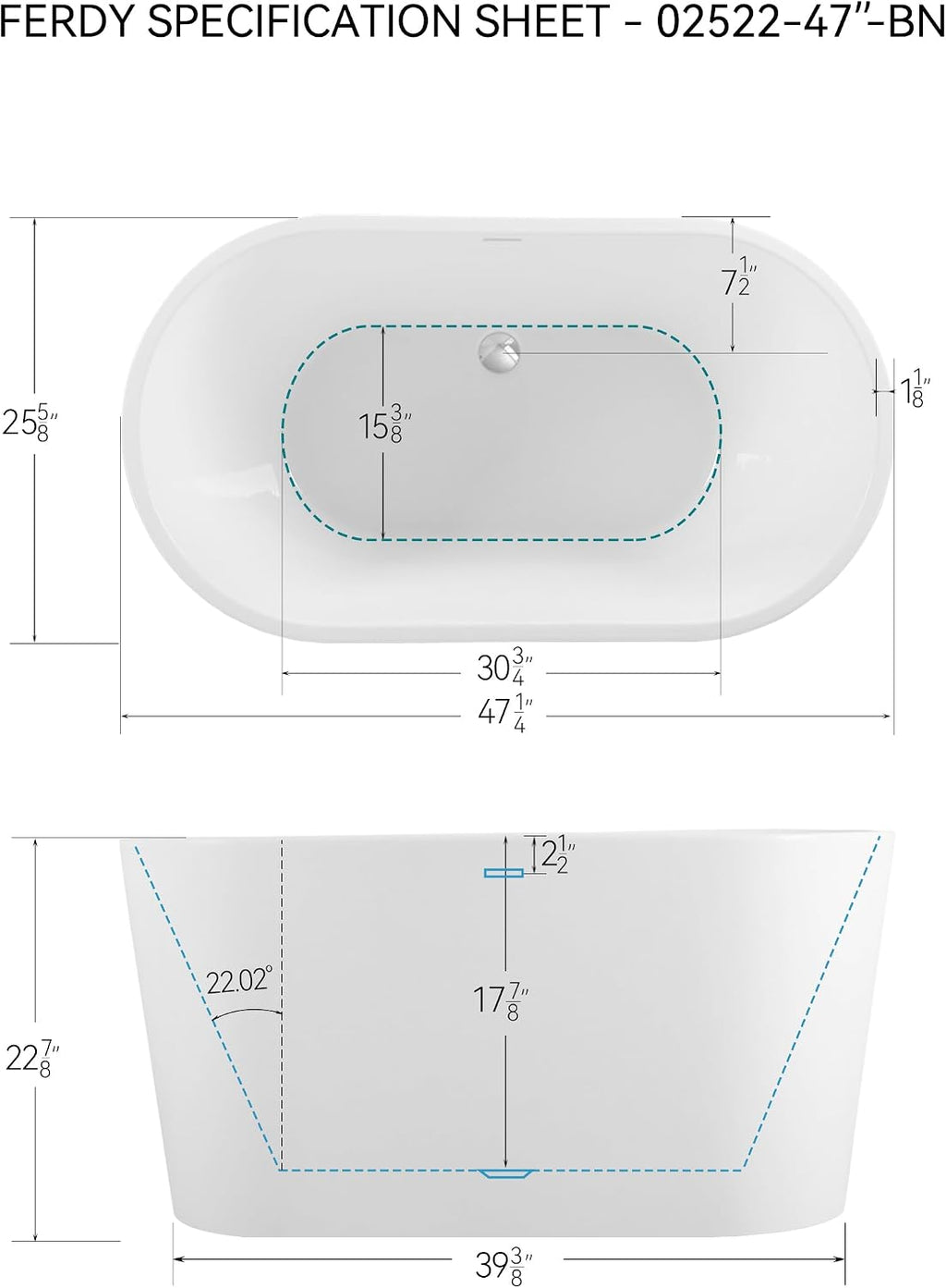 FerdY Shangri-La 47' Acrylic Freestanding Bathtub, Small Classic Oval Shape Acrylic Soaking Bathtub with Minimalist Linear Design Overflow & Chrome Drain, Modern White, cUPC Certified
