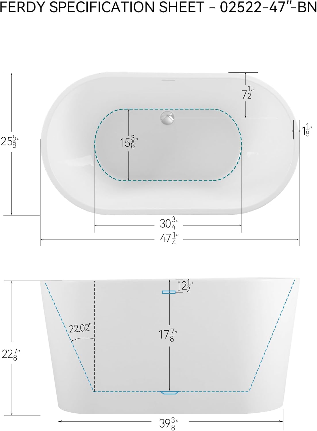 FerdY Shangri-La 47' Acrylic Freestanding Bathtub, Small Classic Oval Shape Acrylic Soaking Bathtub with Minimalist Linear Design Overflow & Chrome Drain, Modern White, cUPC Certified