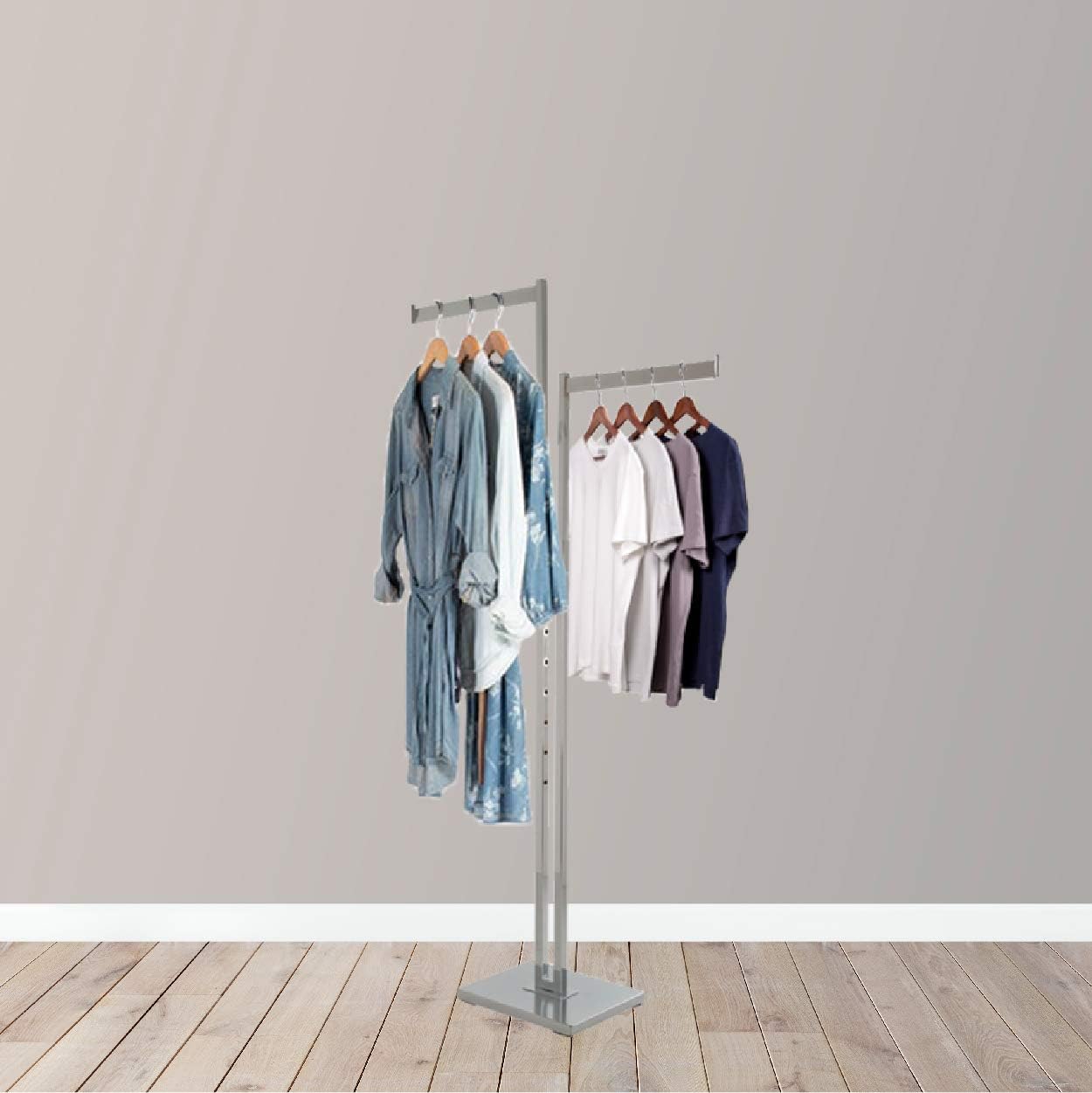 Durable Modern Design 2 Way Garment Rack – Heavy Duty Rectangular Tube Clothing Rack, Adjustable Display Fixture with Chrome Finish. Clothing and Garment Racks (Chrome)