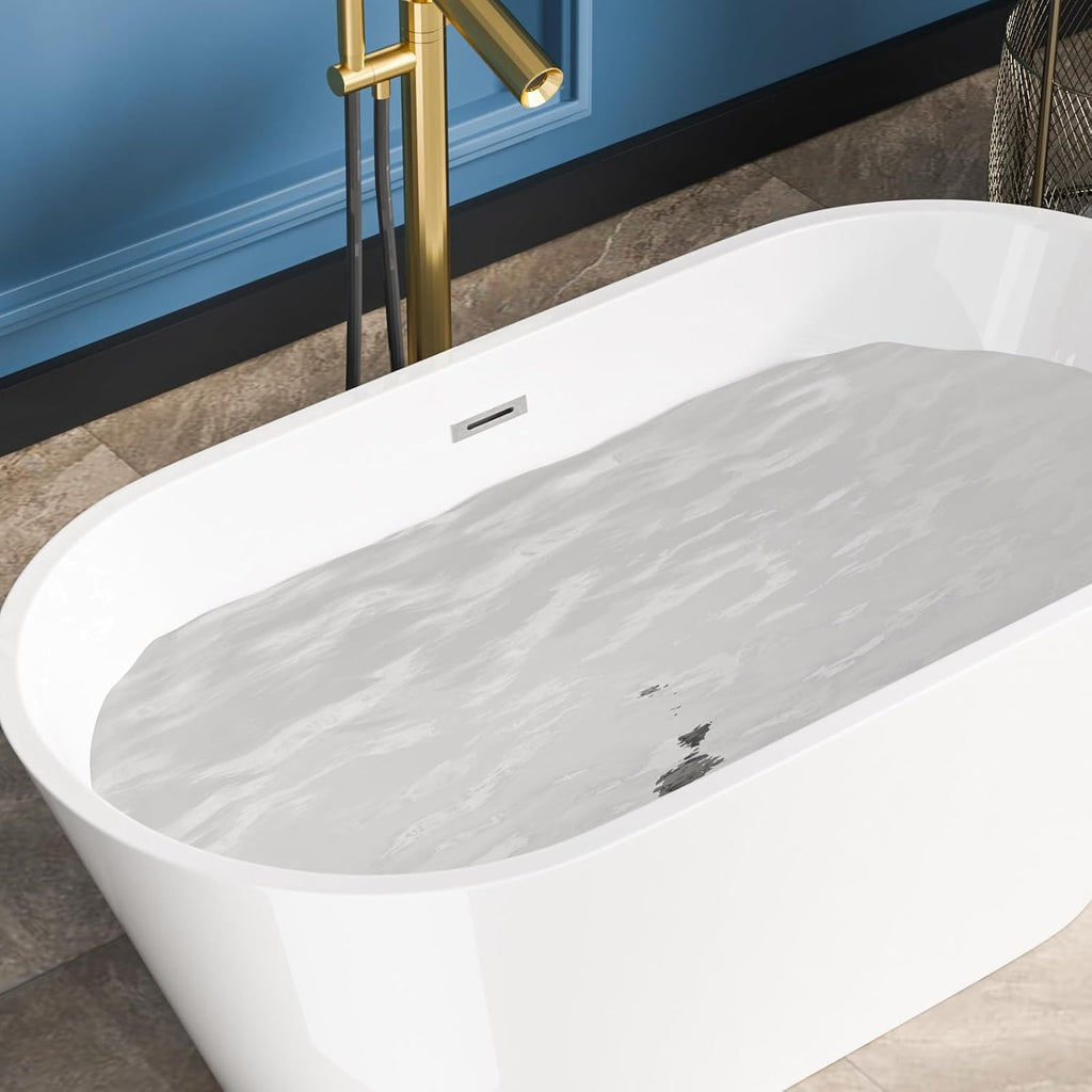 Sarlai 59 Inch Acrylic Freestanding Soaking Bathtub Contemporary Soaking White Tub Stand Alone Ergonomic Bathtub with Black Drain
