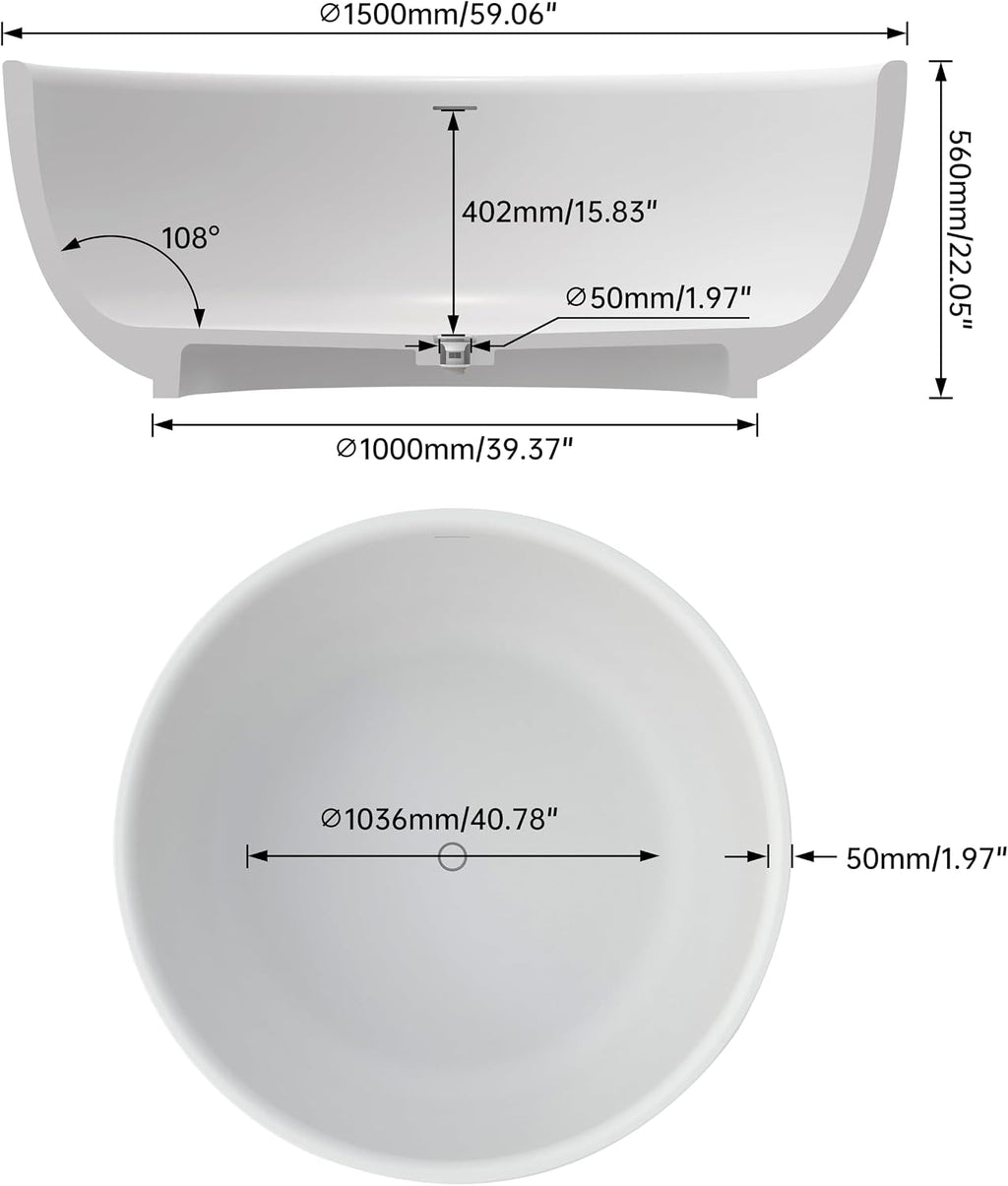 59'' Stone Resin Solid Surface Freestanding Bathtub,Round Bathtub，Modern Elegant Design Soaking Stand Alone Tub, Matte White, Drain and Overflow Included 005-1500