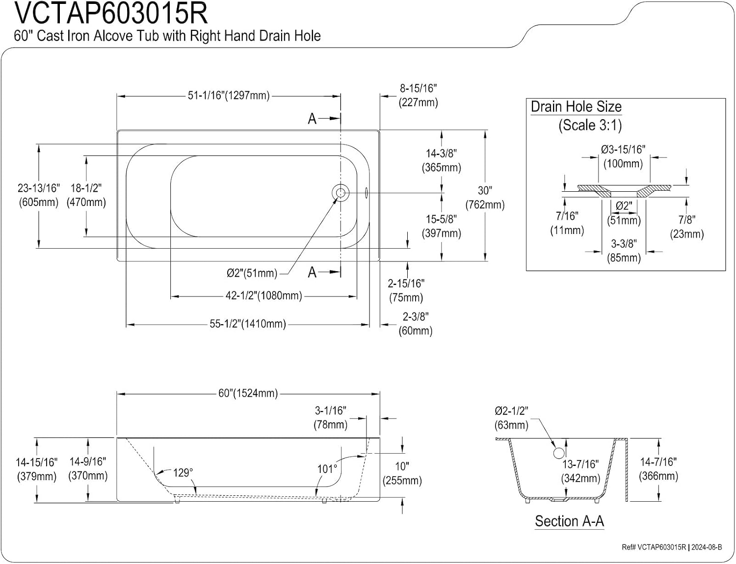 Aqua Eden VCTAP603015R 60-Inch Cast Iron 3-Wall Alcove Tub with Right Hand Drain Hole, White