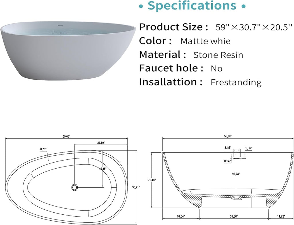 59' Freestanding Bathtub, Solid Surface Resin Stone Bathtub, Soaking Tub for Bathroom, Stand Alone Tub, Integrated Overflow and Drain, Matte White Oval