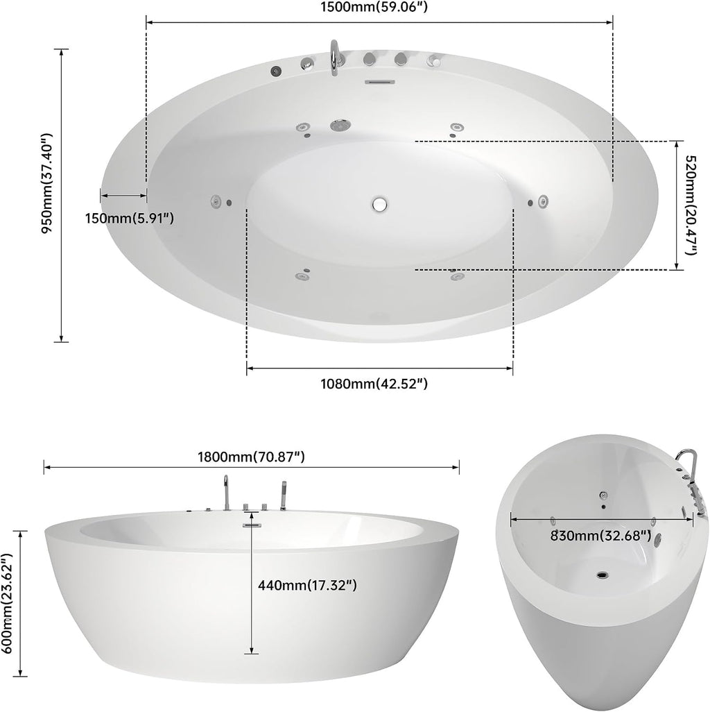71' Premium Whirlpool Water Jetted and Chromatherapy LED Lights Freestanding Tub Soaking Oval Acrylic Bathtub With Faucet, Gloss White with Overflow and Drain