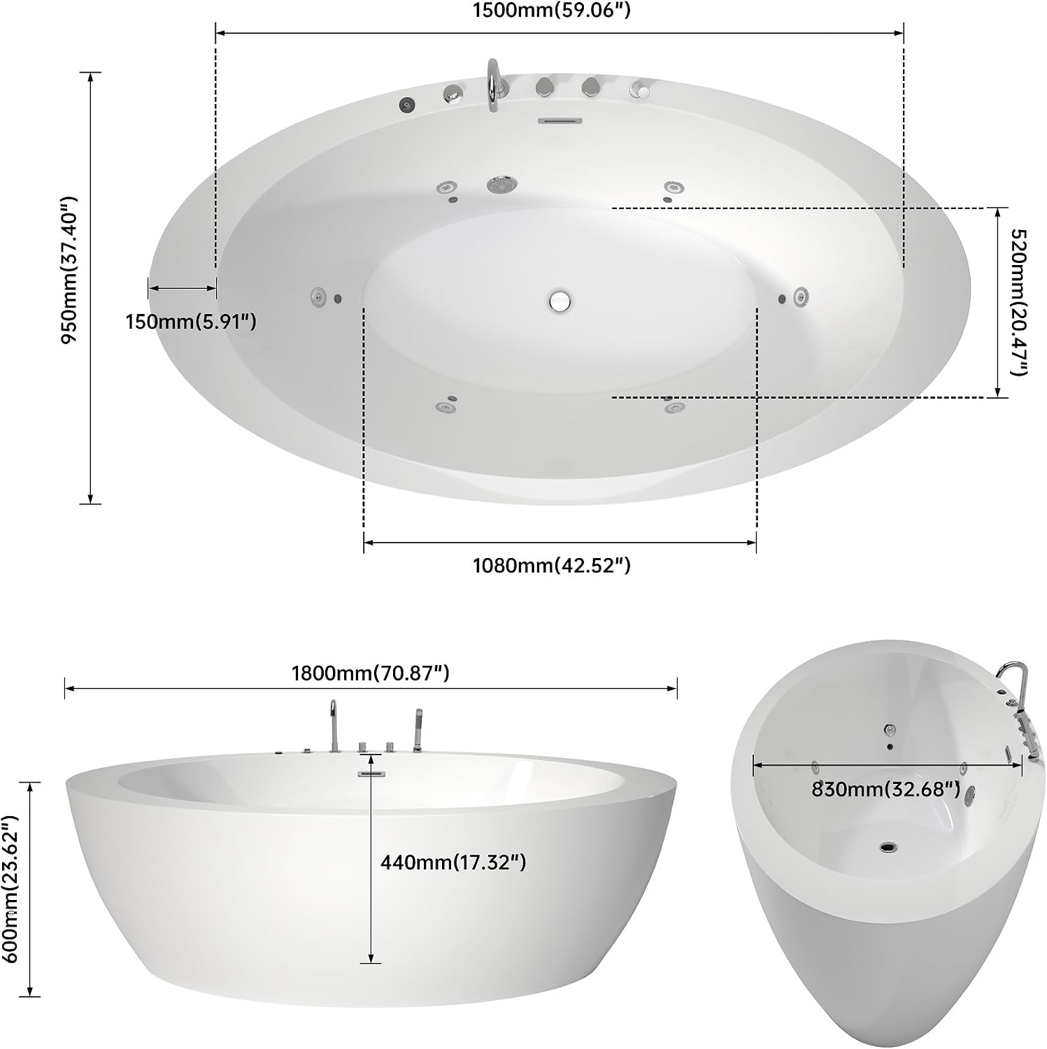 71' Premium Whirlpool Water Jetted and Chromatherapy LED Lights Freestanding Tub Soaking Oval Acrylic Bathtub With Faucet, Gloss White with Overflow and Drain