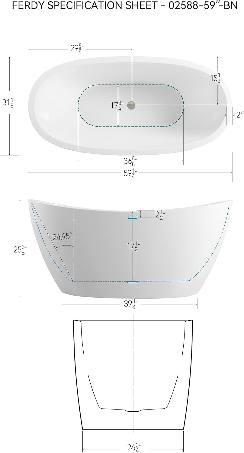 FerdY Naha 59' Acrylic Freestanding Bathtub, Curve Edge Freestanding Soaking Bathtub, Glossy White, cUPC Certified, Brushed Nickel Drain &FerdY Back Scrubber for Shower,Long Handled Loofah on a Stick