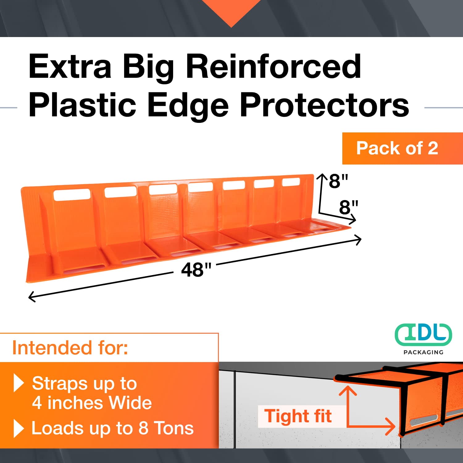 IDL Packaging 48' x 8' x 8' Reinforced Plastic Edge Protector for Tie Downs and Lashing (Pack of 2) - Each Accommodates 7 Slots for up to 4' Straps - Flatbed Corner Guards for Trucks and Shipping