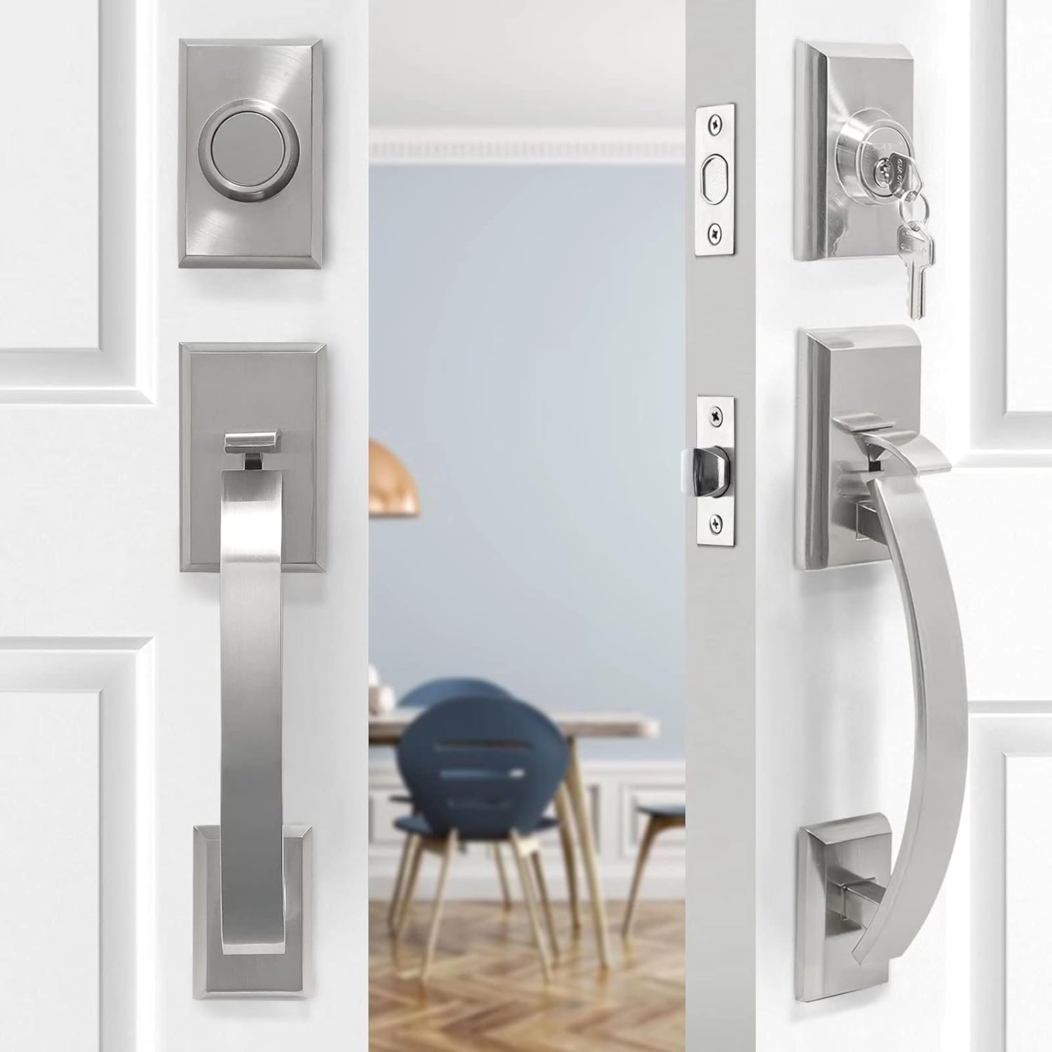 Double Front Door Handle Set with Heavy Duty Lock, Satin Nickel Finish, Suitable for Front or Office Door