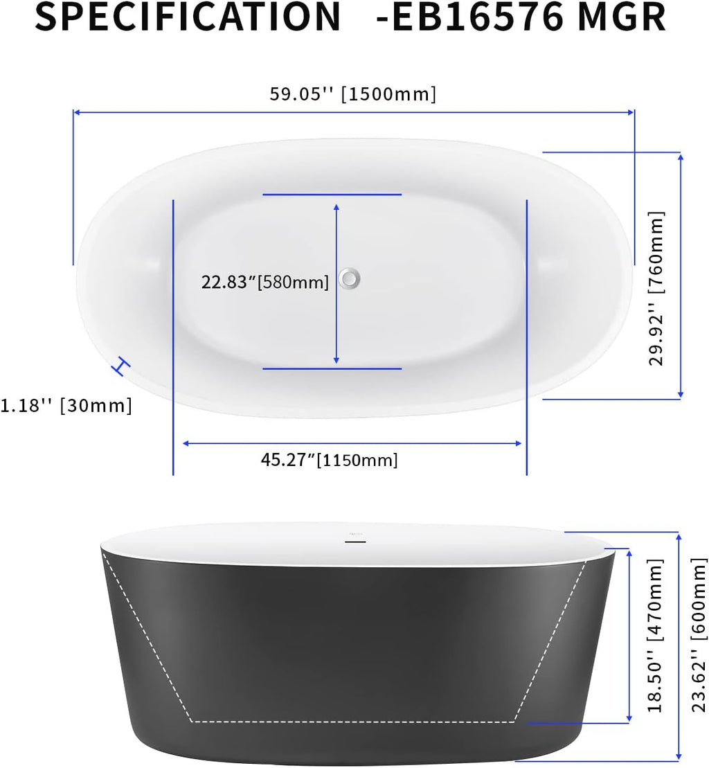 59' Lucite Acrylic Freestanding Bathtub, Columnar Shape Contemporary Soaking Tub with Toe-tap Chrome Center Drain, Slotted Overflow, cUPC Certified, 37°Grey