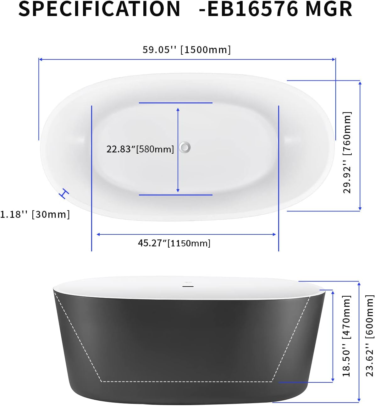 59' Lucite Acrylic Freestanding Bathtub, Columnar Shape Contemporary Soaking Tub with Toe-tap Chrome Center Drain, Slotted Overflow, cUPC Certified, 37°Grey