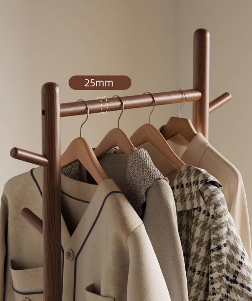 Solid Wood Coat Rack with Fabric Basket - Coat Hanger Stand Coat Tree Rack Freestanding with 9 Hooks Wheels, Small Clothes Rack For Entryway Bedroom Hallway Living Room