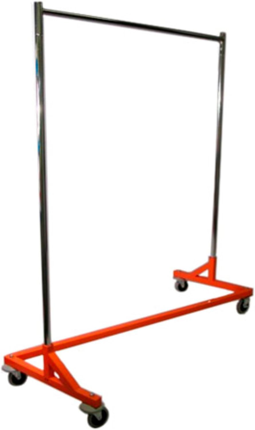 Deluxe Commercial Grade Rolling Z Rack Garment Rack with Nesting OSHA Safety Orange Base, 400lb Capacity, Single Bar and Adjustable Height Chrome Uprights