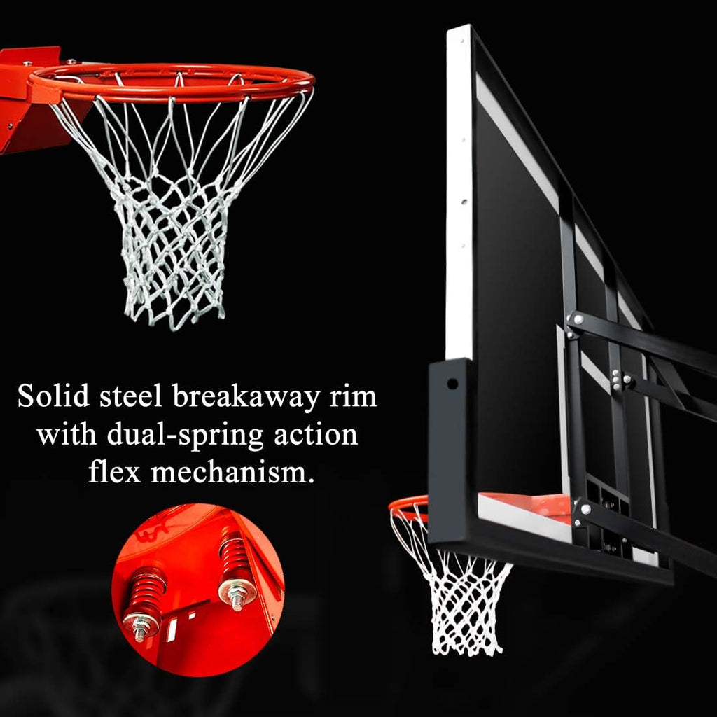 Basketball Hoop Garage Mounted Wall Adjustable-Height, with 60''x36''Tempered Glass Backboard, Pro-Style Breakaway Rim, Durable Bracket and All Weather Net