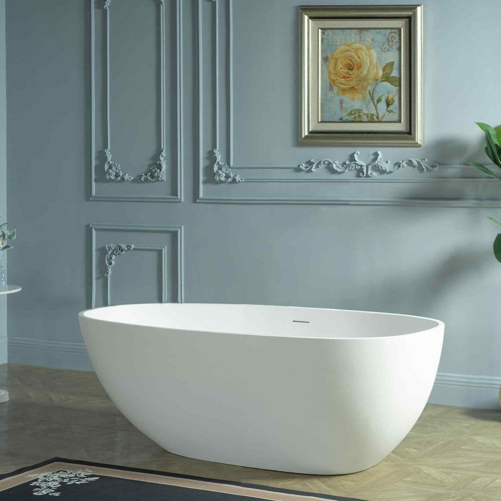 WOODBRIDGE 59' Egg-Shaped Solid Surface Freestanding Soaking Tub, Modern Oval Stone Resin Bathtub with Integrated Slotted Overflow & Drain, Matte White, EST0701