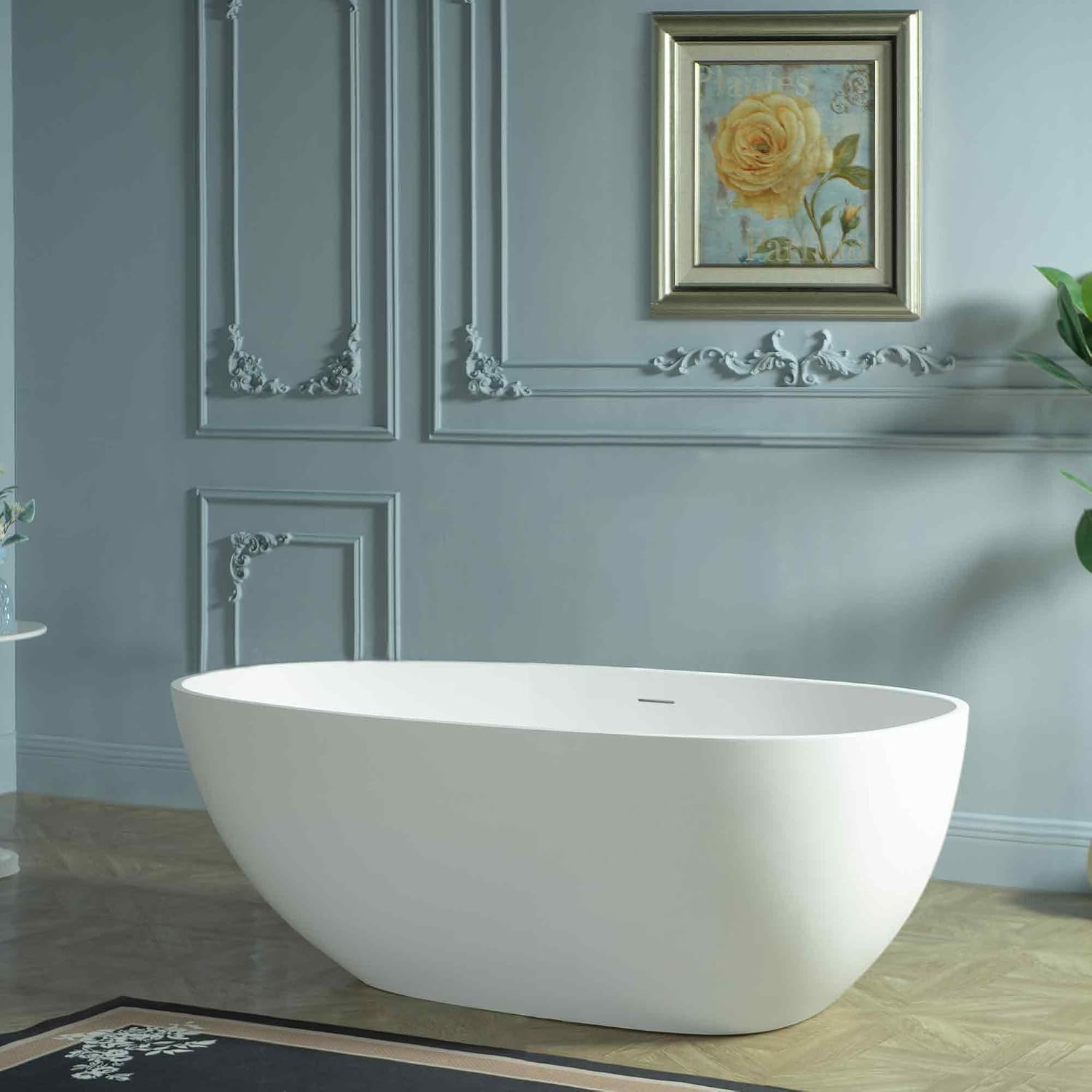 WOODBRIDGE 59' Egg-Shaped Solid Surface Freestanding Soaking Tub, Modern Oval Stone Resin Bathtub with Integrated Slotted Overflow & Drain, Matte White, EST0701