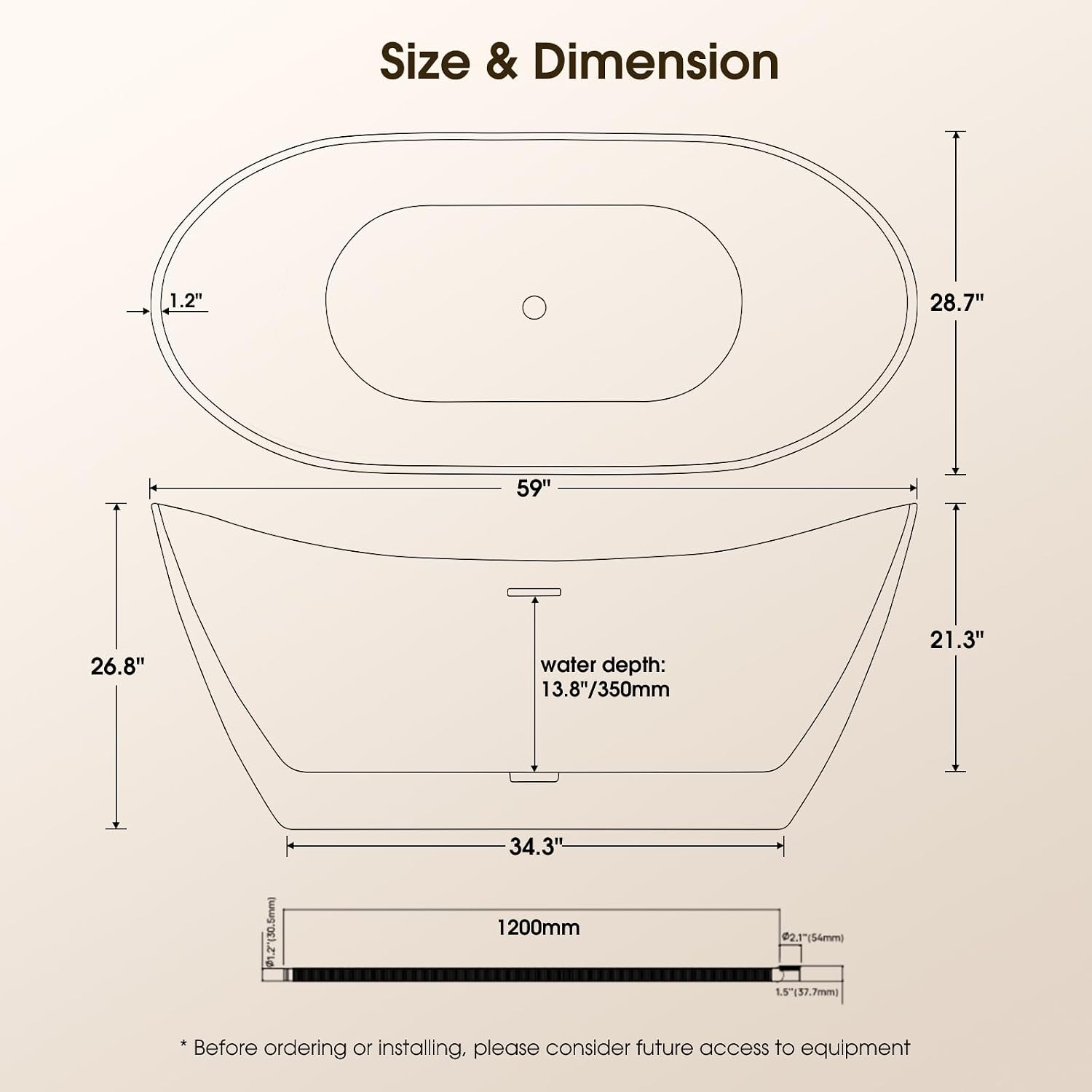 59' Acrylic Freestanding Bathtub,14' Deep Soaking Tub with Integrated Overflow & Drain,2 Person Soaking Tub,CUPC Certified, Chrome Drain Bath Tub,Modern Tub for Bathrooms,Double Backrest White