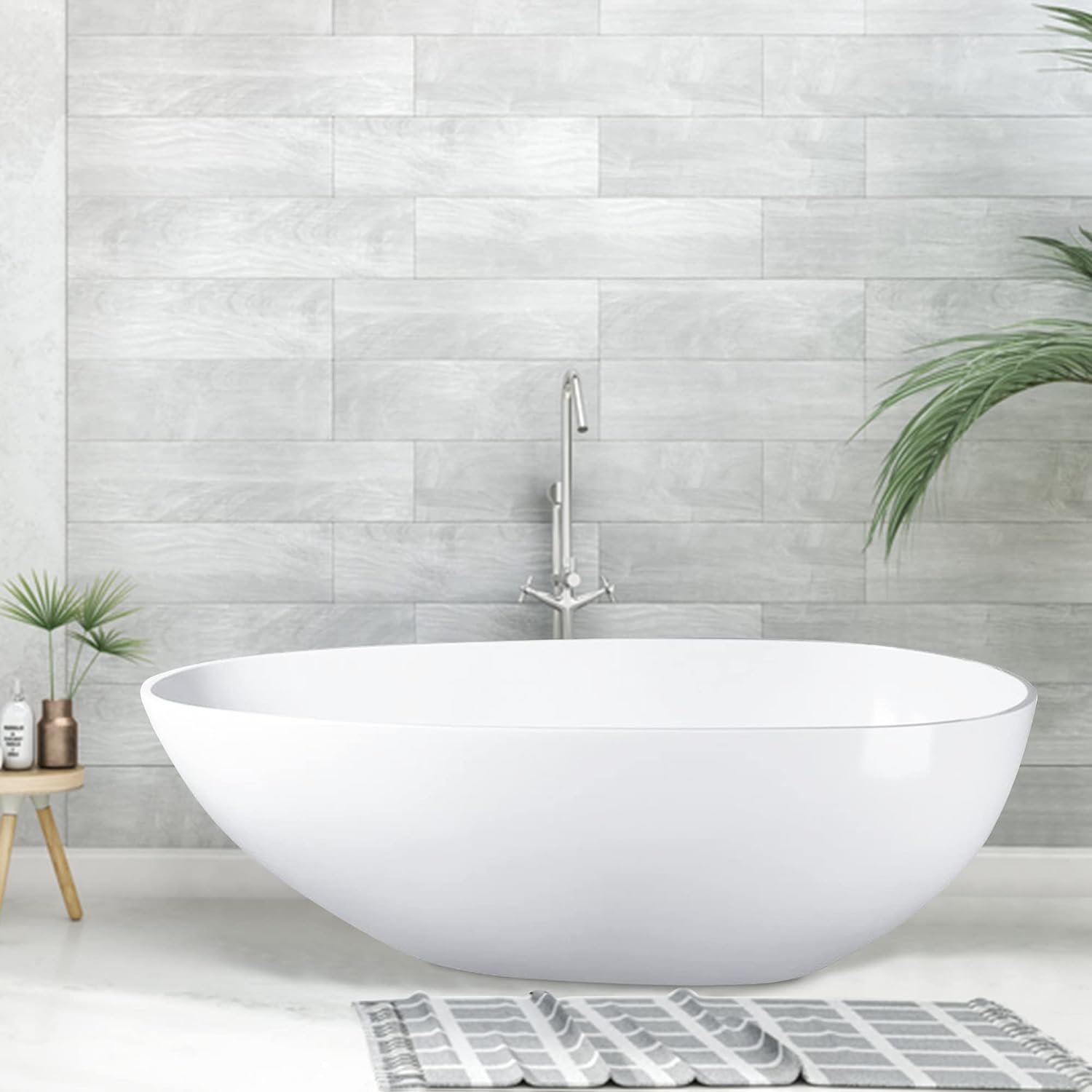 Vanity Art 59' x 31' Flatbottom Freestanding Solid Surface Resin Stone Bathtub | Contemporary Design Soaking Tub with Overflow and Pop-up Drain, UPC Certified, VA6913-GS