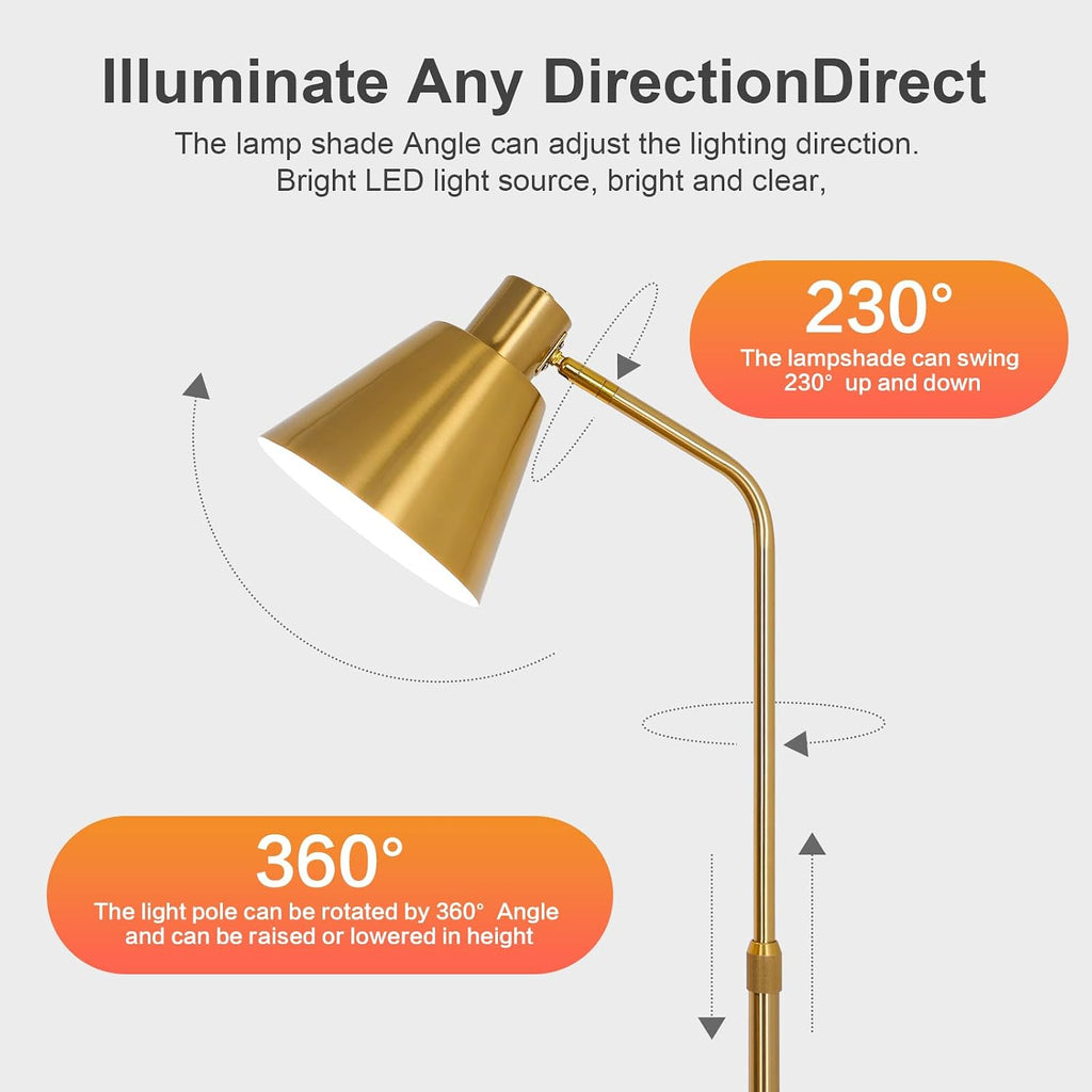 Gold Brushed Floor Lamp with Side Table for Living Room Bedroom, Modern Standing Lamp 12W LED 3-Color Dimmable 3000K/4500K/6500K, Adjustable Gooseneck Reading Light with Wood Shelf for Office Corner