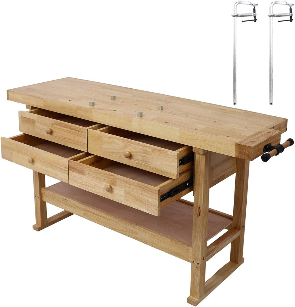 60in Workbench with 4 Drawers Wooden Workbench for Garage Workshop and Home ersatile & Spacious with Bar Clamps Set 24 inch x 4-3/4 inch Throat,Pack of 2