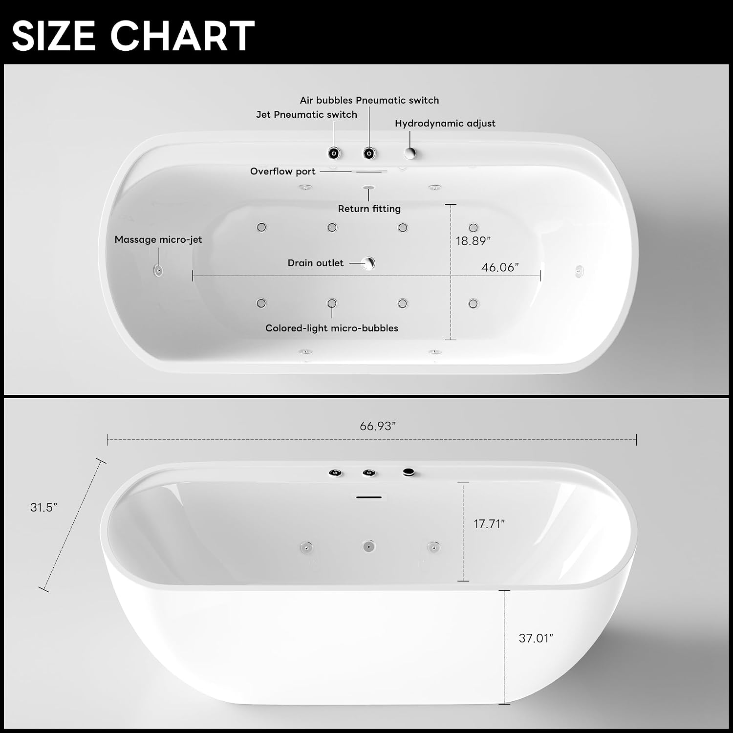 67' Freestanding Whirlpool Bathtub, Jetted Tub with 6 Hydro Massage Jets & 8 bubble bath jets, Chromatherapy Color-Changing LED Light & Pneumatic adjust system, Air Bath Soaking, Acrylic, UL Certified