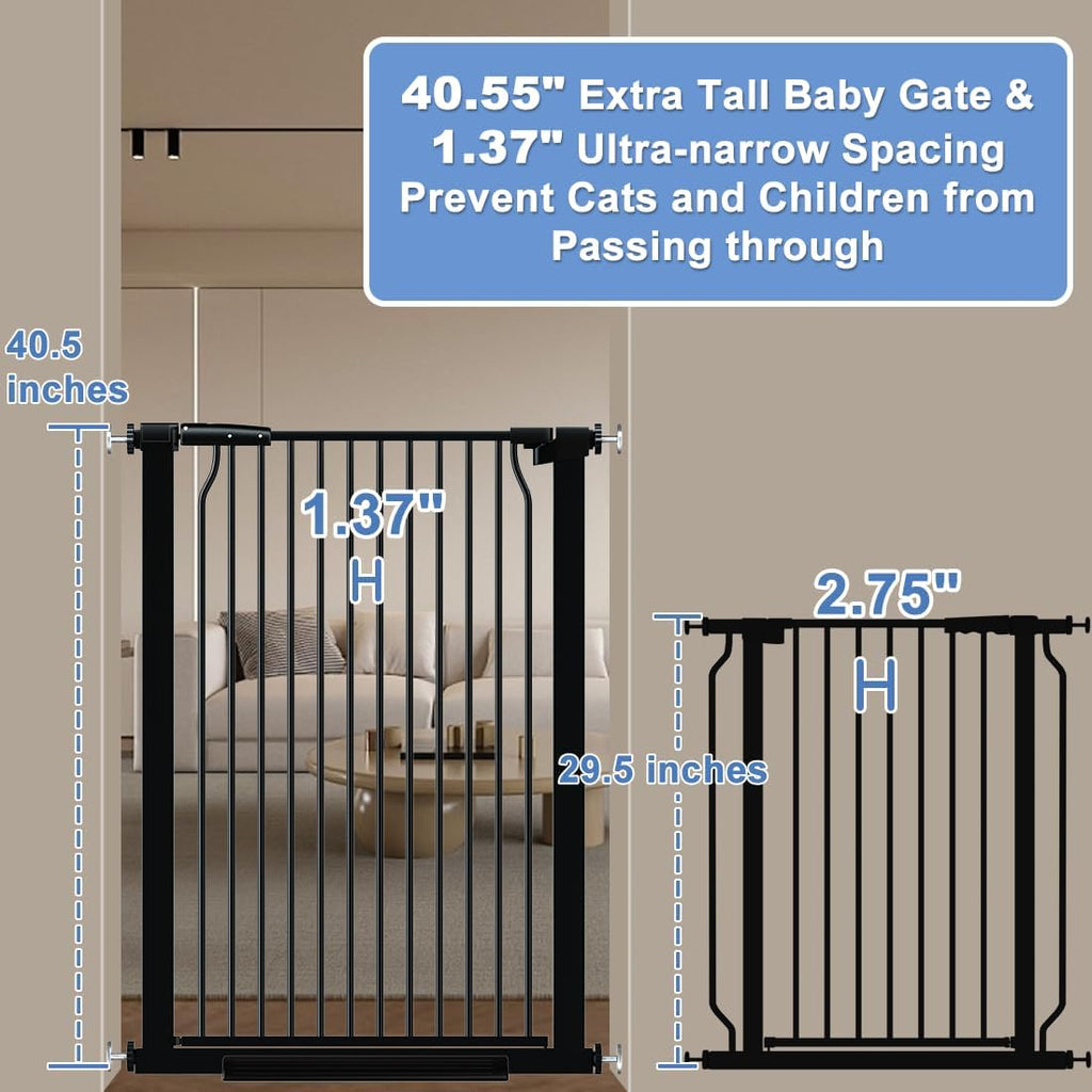40.55' Extra Tall Baby Gate for Stairs-40.6'-54.7' Wide 1.37' Ultra Narrow Spacing Extra Wide Pet Cat Gate Dog Gate-Auto-Close Pressure Mounted Dog Door for Pets and Kids,Black