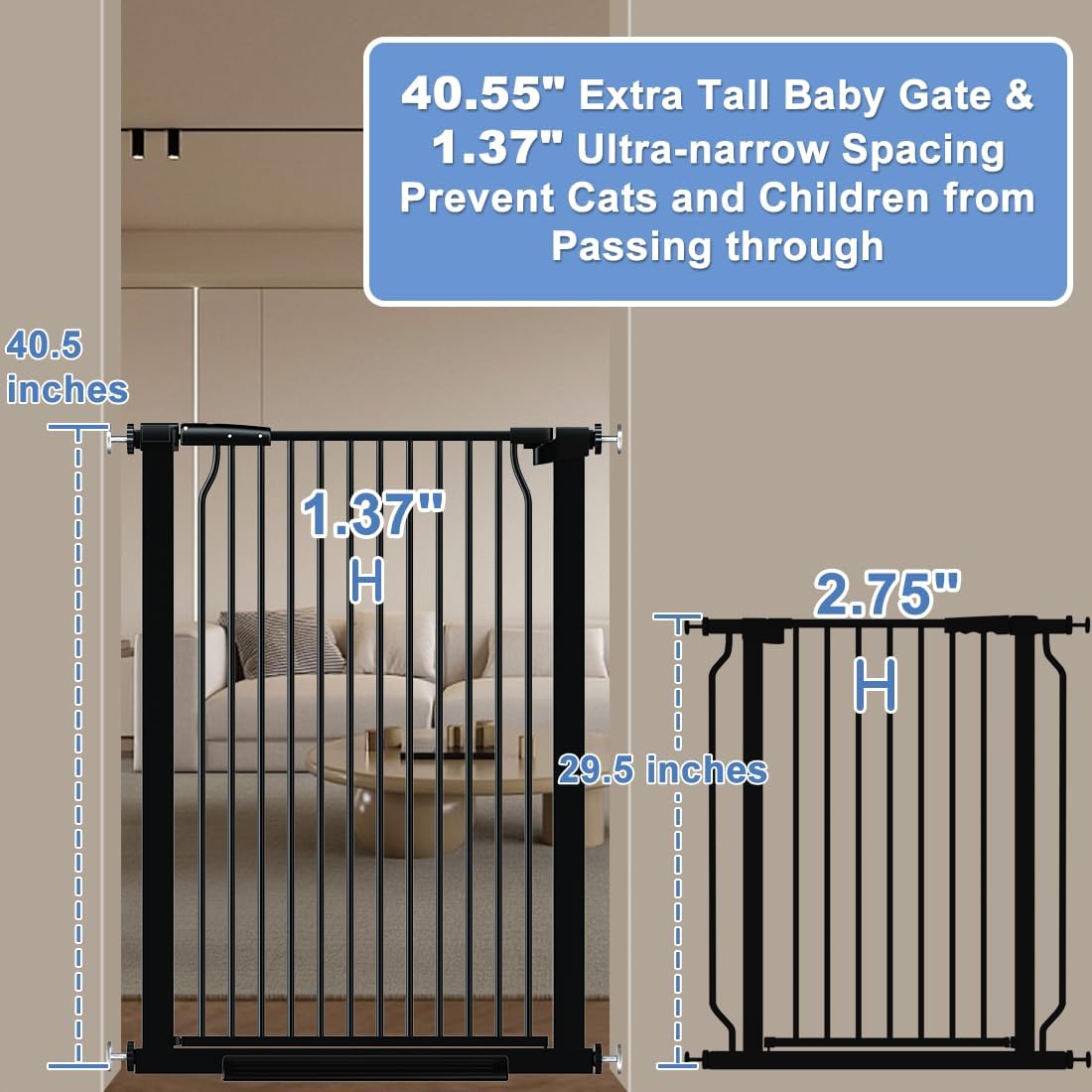 40.55' Extra Tall Baby Gate for Stairs-40.6'-54.7' Wide 1.37' Ultra Narrow Spacing Extra Wide Pet Cat Gate Dog Gate-Auto-Close Pressure Mounted Dog Door for Pets and Kids,Black