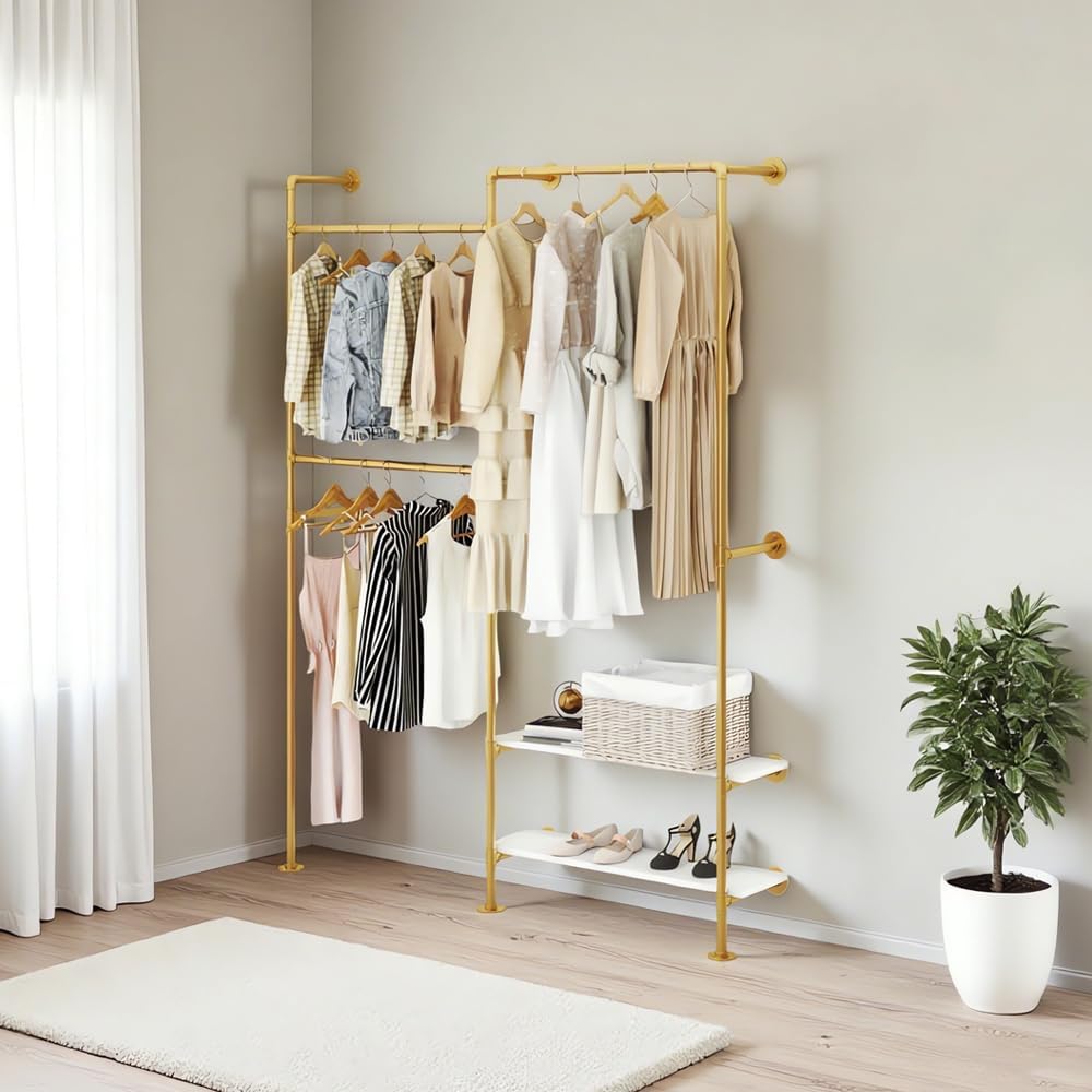 KaKaBB Gold Pipe Clothing Rack, Double Hanging Rods Clothes Rack with Shelves, Heavy Duty Wall Mounted Clothes Rack for Wardrobe, Bedroom, and Walk-in Closet System(Gold)