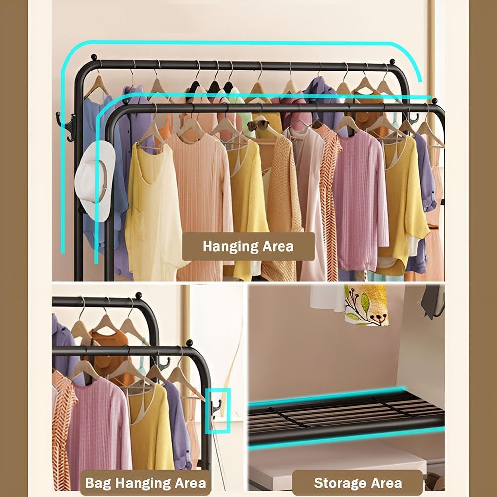 Doubl Rods Garment Rack Heavy Duty Clothes Rail Organizer with Wheels, 4 Hooks and 2 Bottom Shelf for Shoe and Clothes Storage