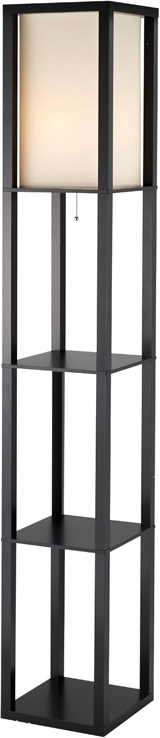Adesso Square Floor Lamp with 3-Tier Open Shelves, Black Base, Fabric Shade, 72' T x 10.5' W, Extended Length Cord, Enhances Room Decor and Home Lighting