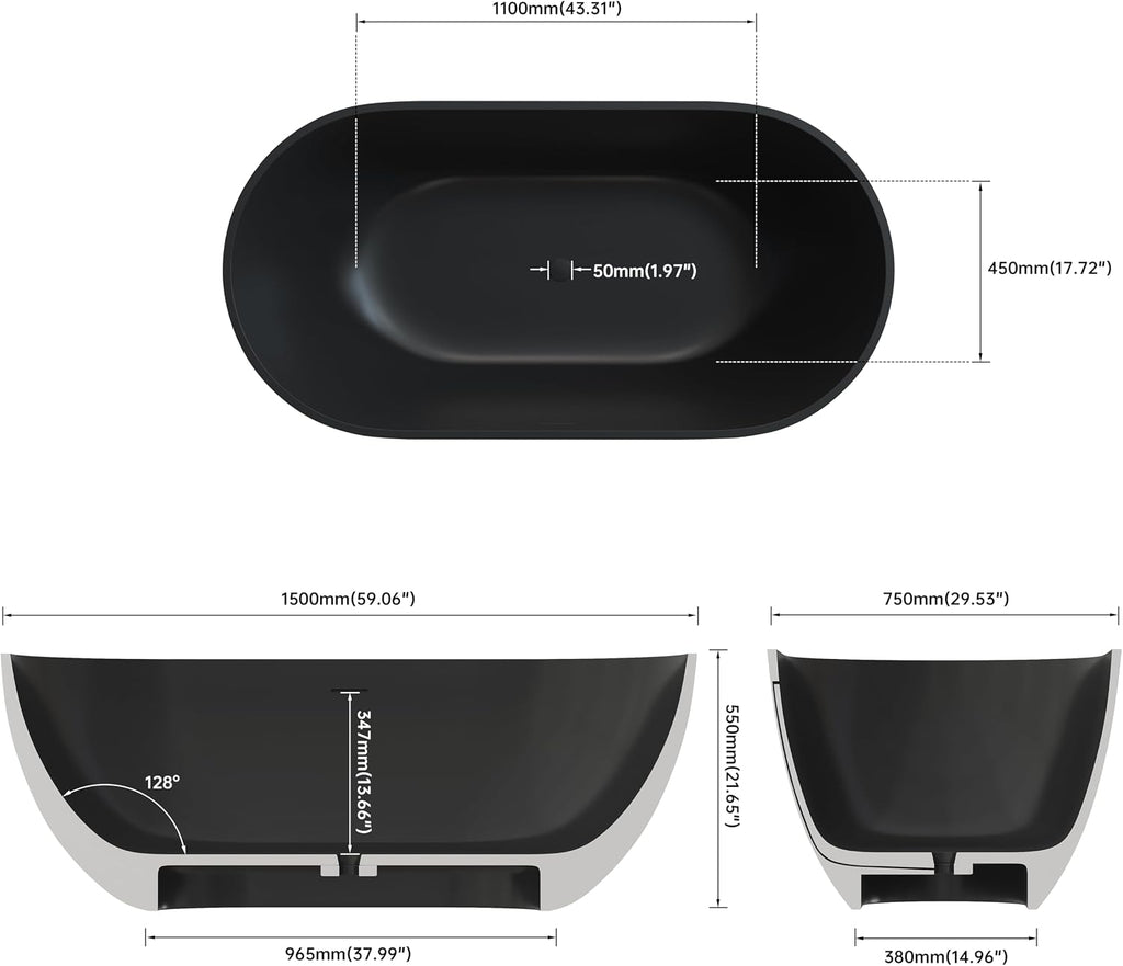 59' Premium Freestanding Stone Resin Bathtub, Oval Shape Solid Surface Soaking Tubs with Overflow and Pop-up Drain, Matte Black