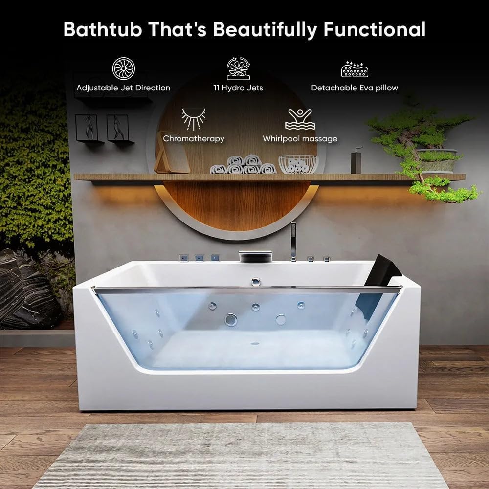 60' Acrylic Freestanding Whirlpool Bathtub Contemporary Soaking Tub Hydro Massage with Center Drain, Chromatherapy, Water Jetted and Air Bubble, Built-in ambient lighting
