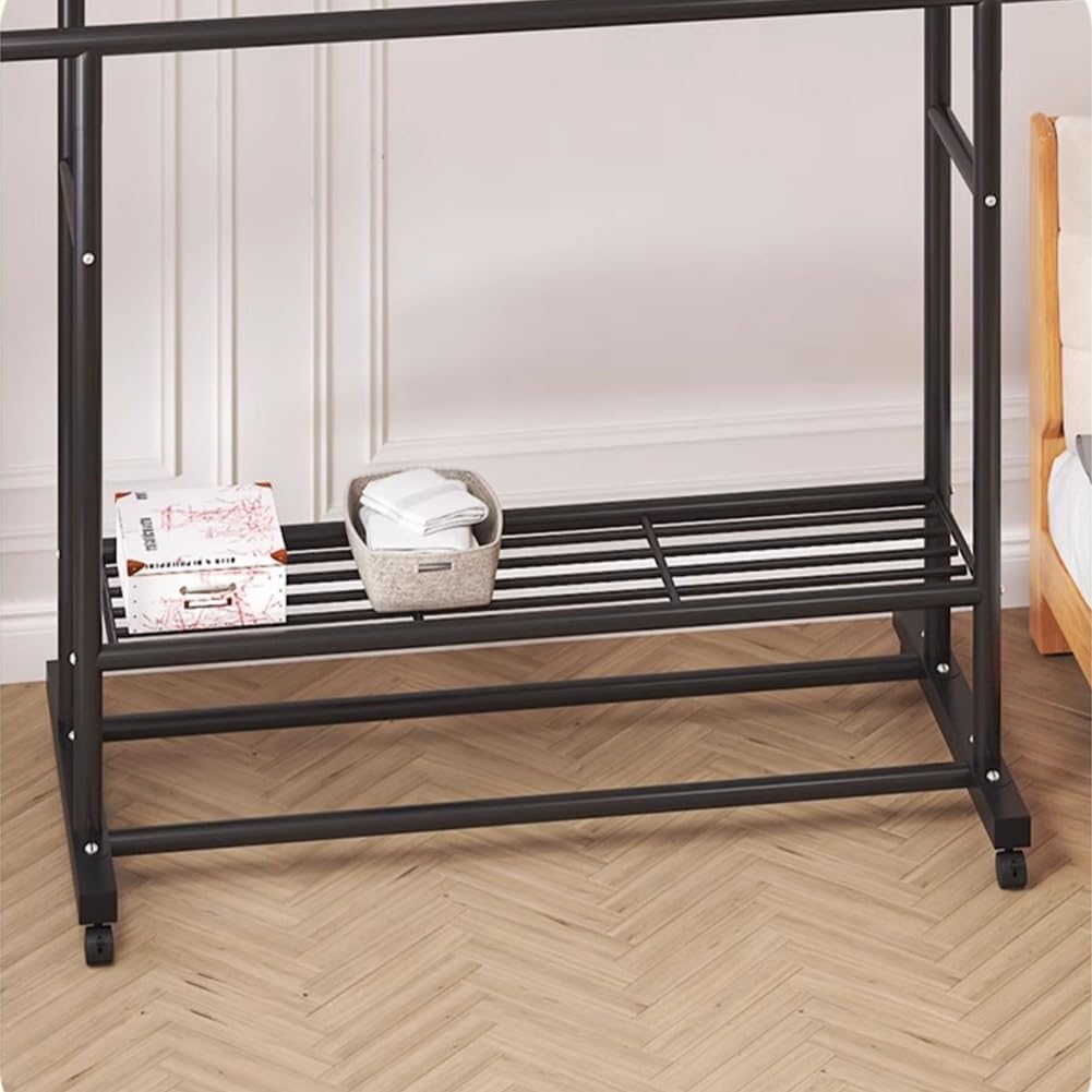 Double Rods Multi-Functional Bedroom Clothing Rack with 2-Tier Storage Shelf, Heavy Duty Metal Garment Rack for Hanging Clothes, Coats, Skirts, Shirts