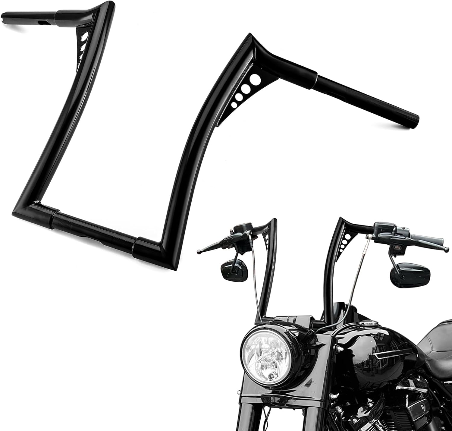 Mofun 14' Rise Ape Hangers Handlebar, 1-1/4' Bar Diameter, 1' Clamp Area Diameter Compatible with Harley Sportster XL 883 1200 Softail Dyna, Road King 1994-2022, Road Glide 1998-2013, Gloss Black