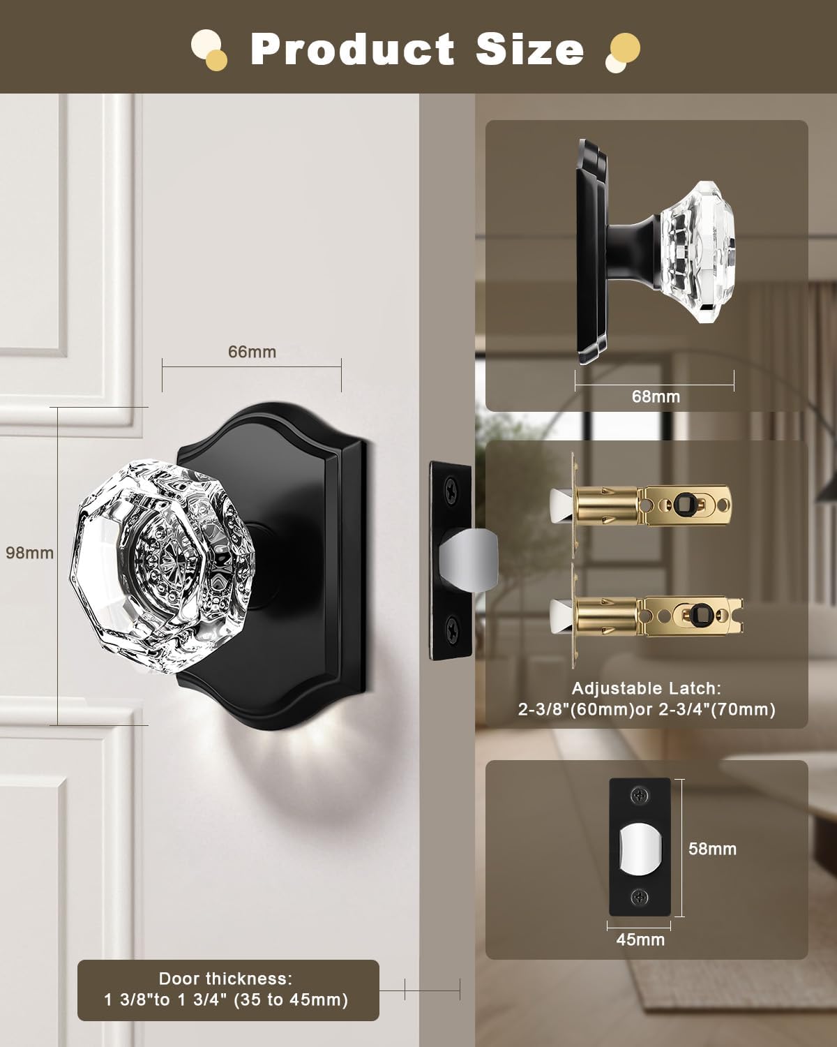 Gobrico 6 Pack Clear Diamond Passage Door Knobs,Matte Black Non-Locking Interior Door Handles,Octagonal Crystal Hall/Closet Door Knob,Arched Rosette