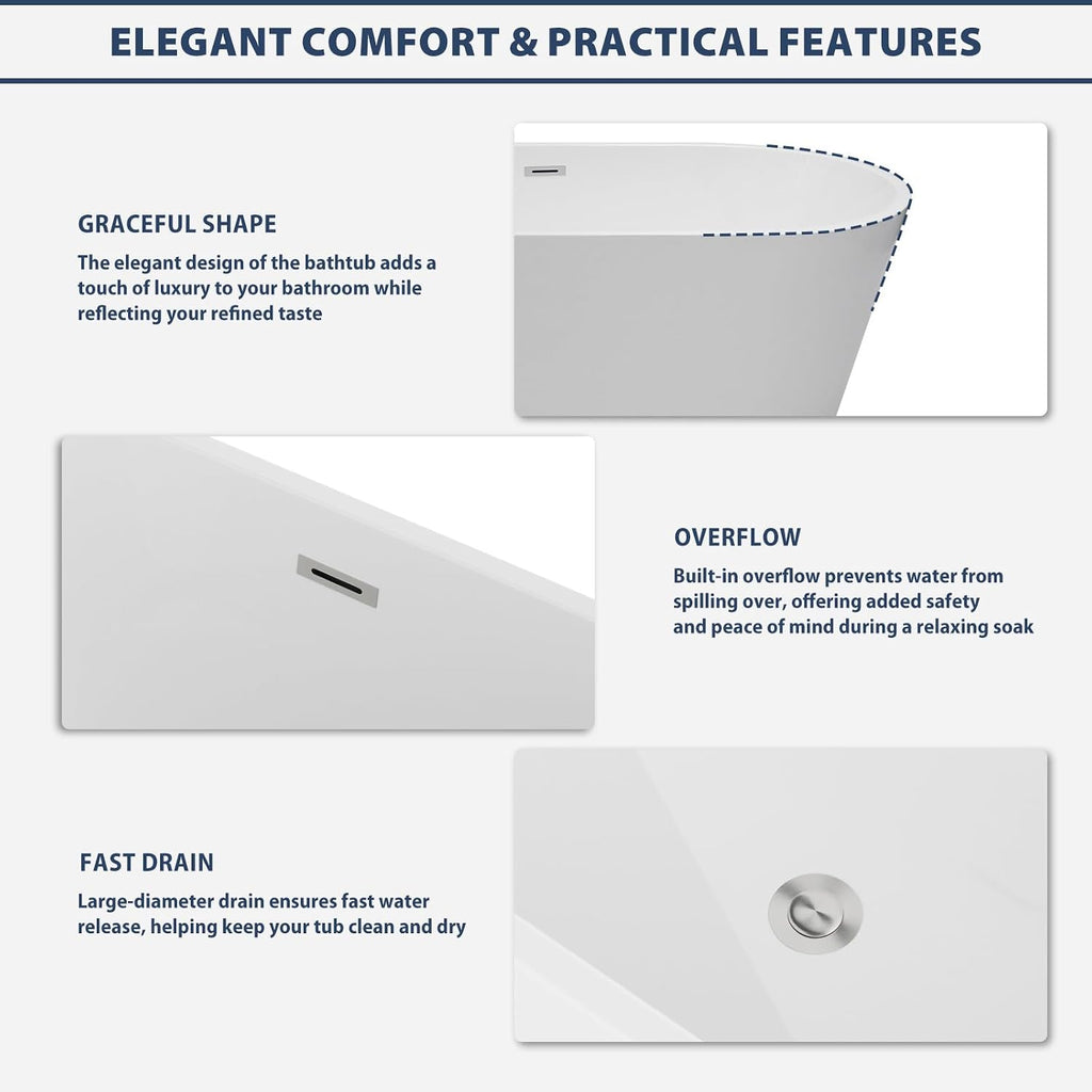 Lordear Freestanding Tub Soaking 67 Inch High Back Acrylic Stand Alone Bath Tub for Bathroom with Overflow and Drain #LTUB7109-67-C