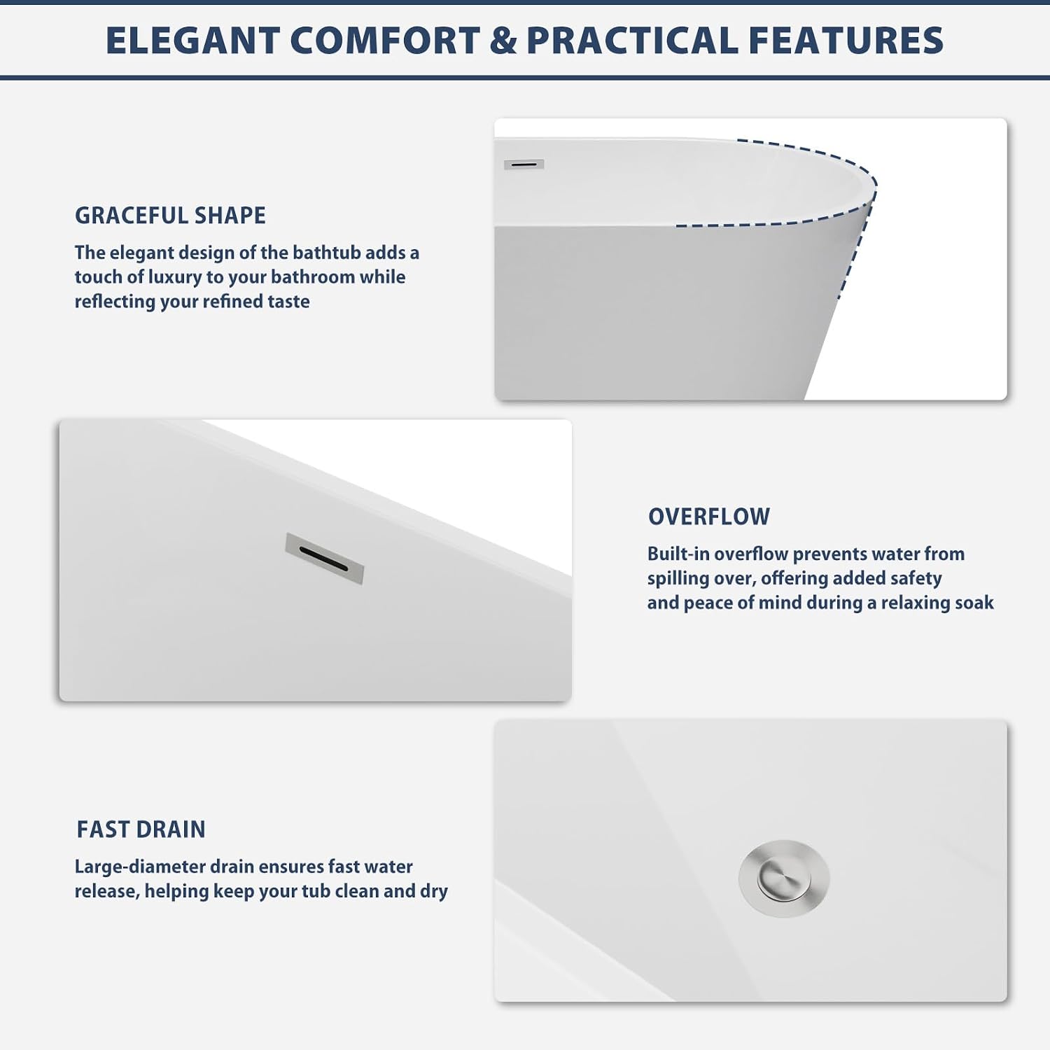 Lordear Freestanding Tub Soaking 67 Inch High Back Acrylic Stand Alone Bath Tub for Bathroom with Overflow and Drain #LTUB7109-67-C