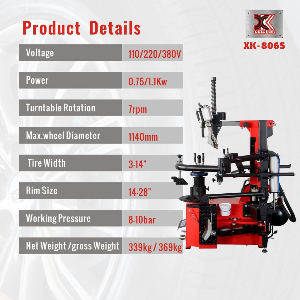 XK-806S Tire Changer Machine Tilt Back Column Automatic Working Head Manual Locking Clamp 2.0 Horsepower 10-28 Inches with 12 Month Parts Replacement