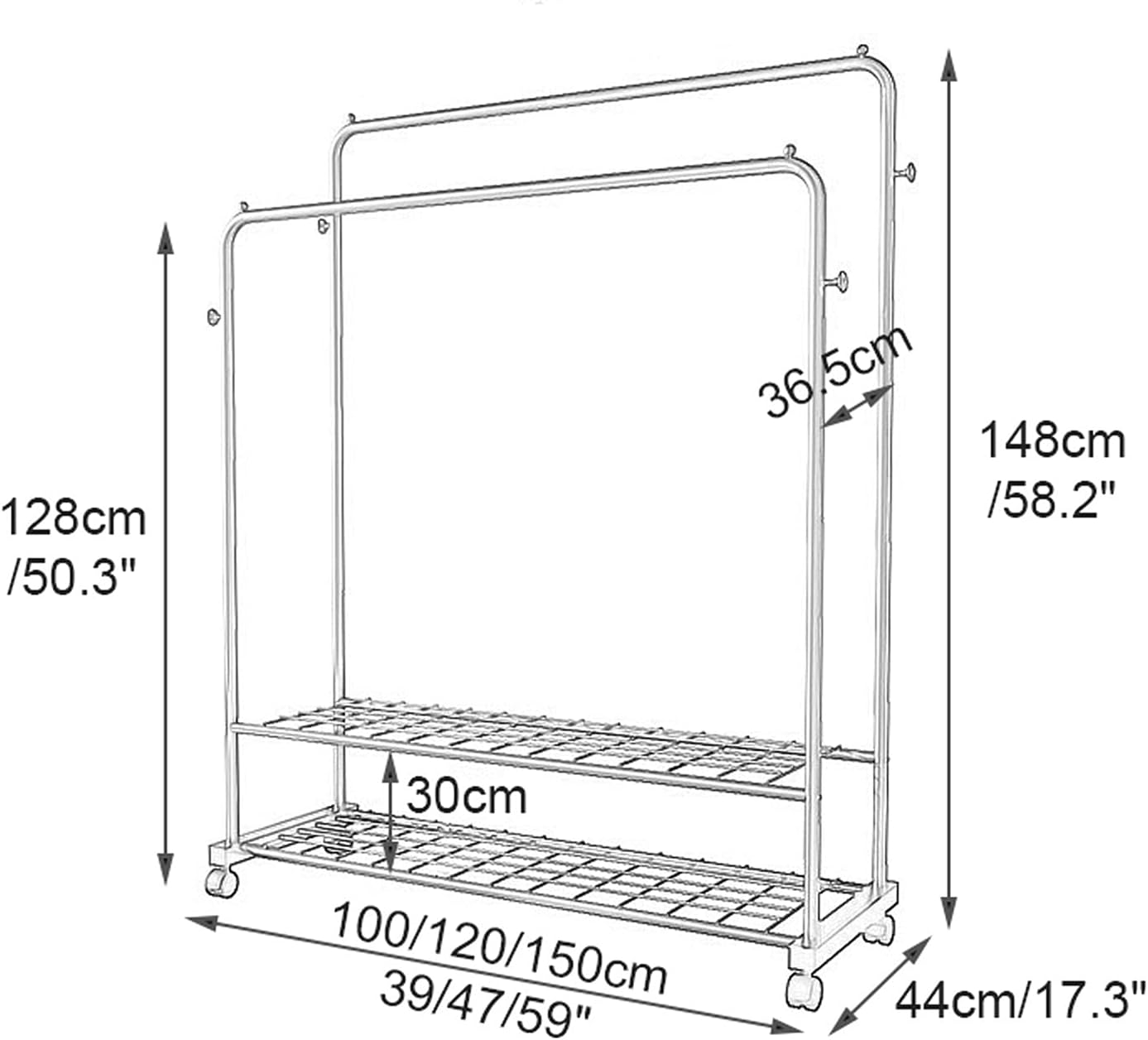 2 Tier Clothes Rail on Wheels, Mobile Modern Clothes Rack Garment Display Stand with 2 Bottom Storage Shelves and Hooks (Black-120cm