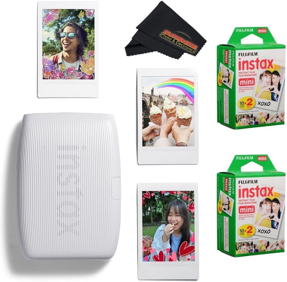 Fujifilm INSTAX Mini Link 3 Smartphone Printer with INSTAX Mini Instant Film and Sunshine Microfiber Cleaning Cloth... (2 Twin Pack (40 Sheets), Clay White)