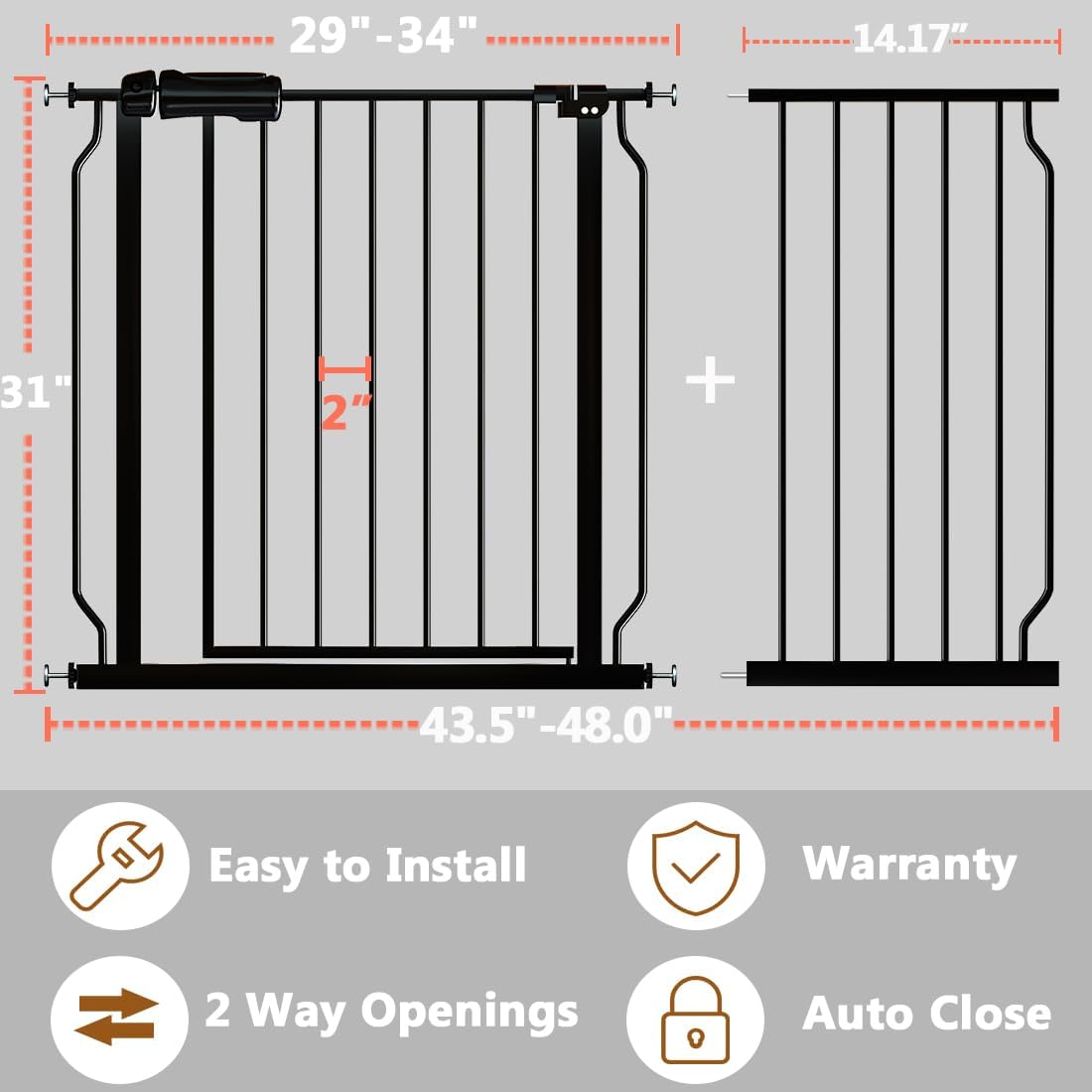 Fairy Baby Walk Through Baby Gate 43.5-48 Inch Wide for Stairs, Pressure Mounted Safety Gate with Door No Drill, Black Tension Metal Gate for Dog and Toddler