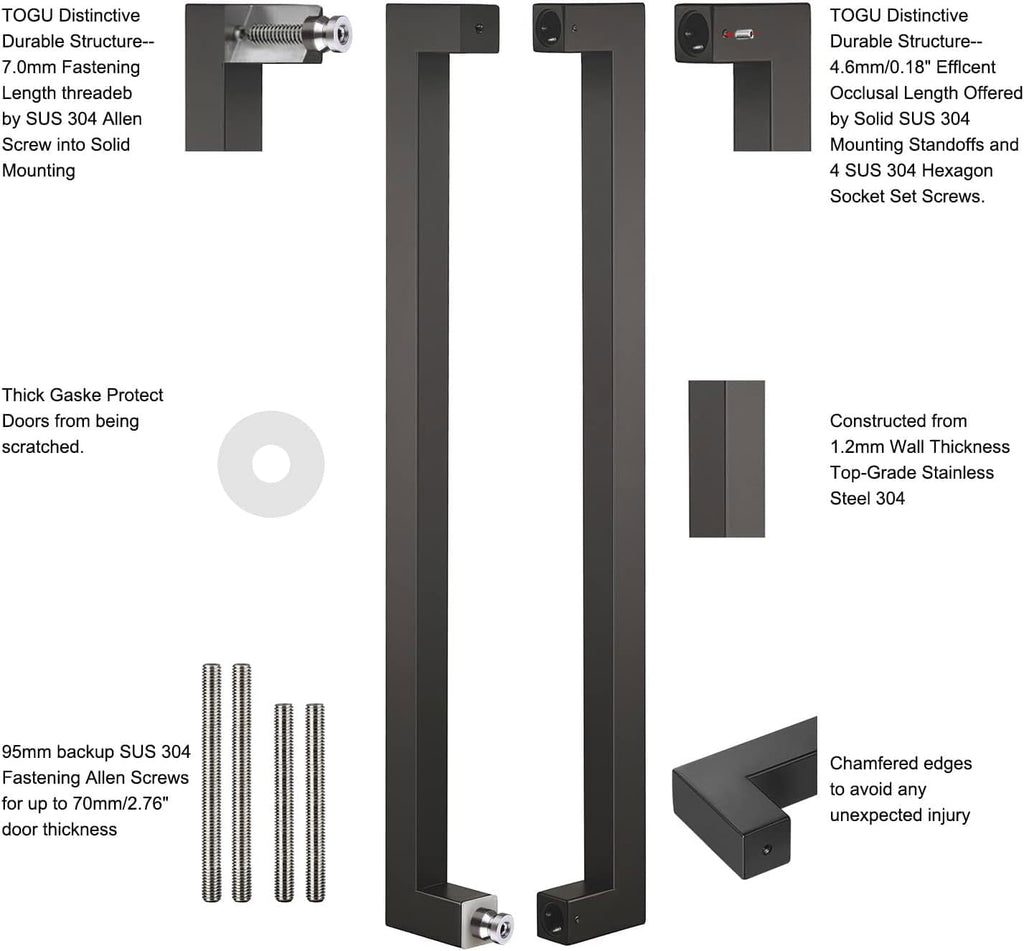 TOGU TG-R3030 Heavy Duty Commercial Grade 1800mm/71 inches Square/Rectangle Shape Solid 1.2mm Thick Stainless Steel 304 Push Pull Door Handle, Matte Black Finish