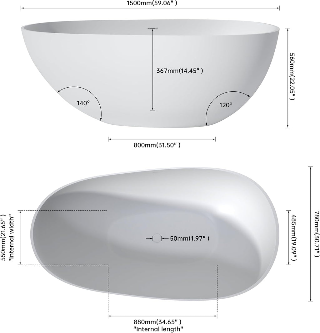 59' Solid Surface Freestanding Soaking Bathtub,Modern Oval Stone Resin Tubs with Overflow and Pop-up Drain, Matte White