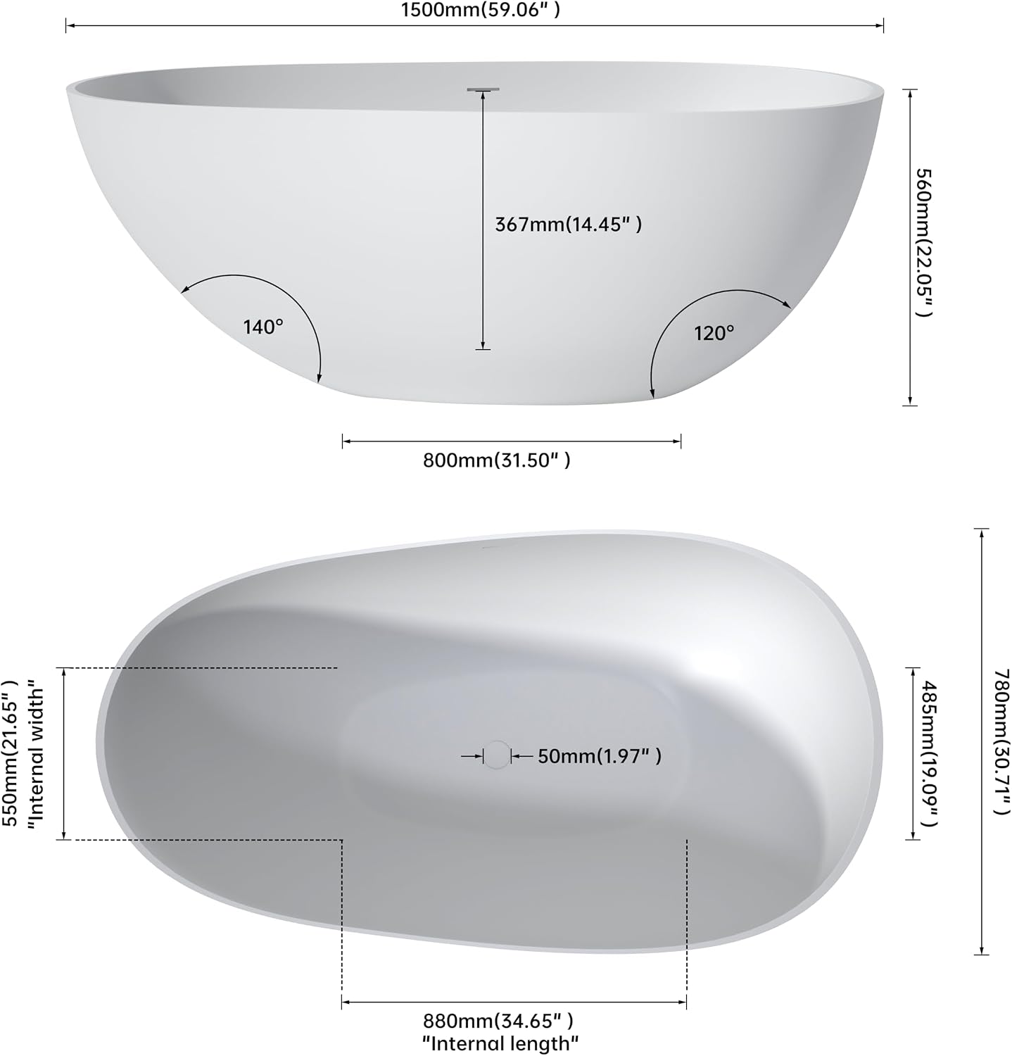 59' Solid Surface Freestanding Soaking Bathtub,Modern Oval Stone Resin Tubs with Overflow and Pop-up Drain, Matte White
