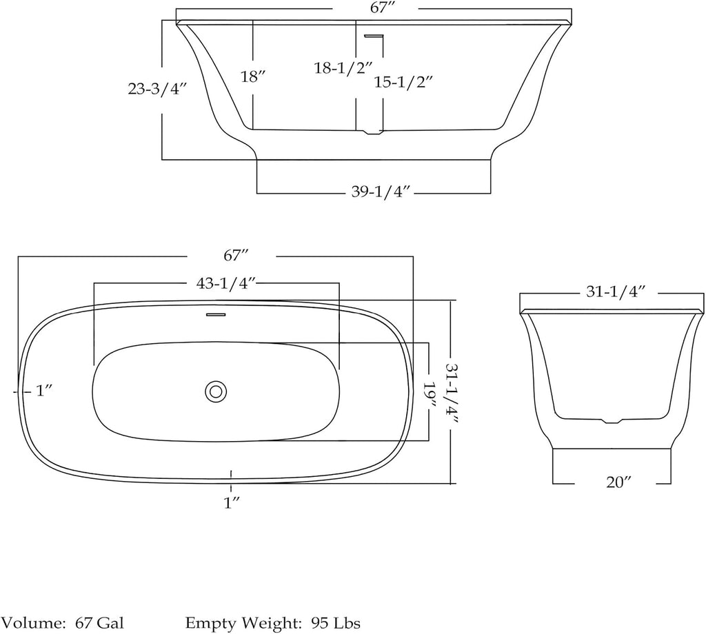 Elegance 67 in. L x 31-1/4 in. W x 23-3/4 in. H Freestanding Acrylic Bathtub, Polished Brass Drain