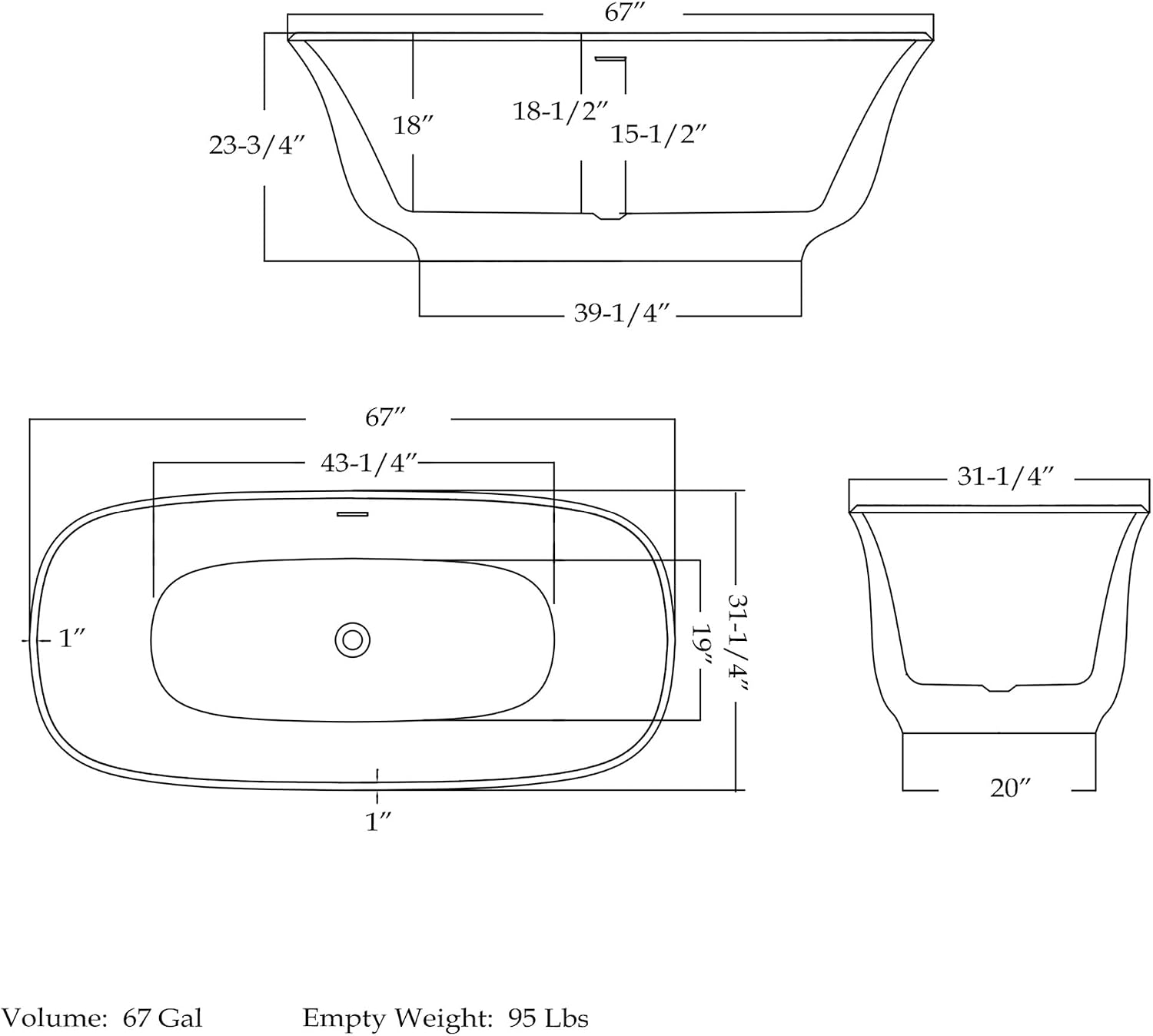 Elegance 67 in. L x 31-1/4 in. W x 23-3/4 in. H Freestanding Acrylic Bathtub, Polished Brass Drain